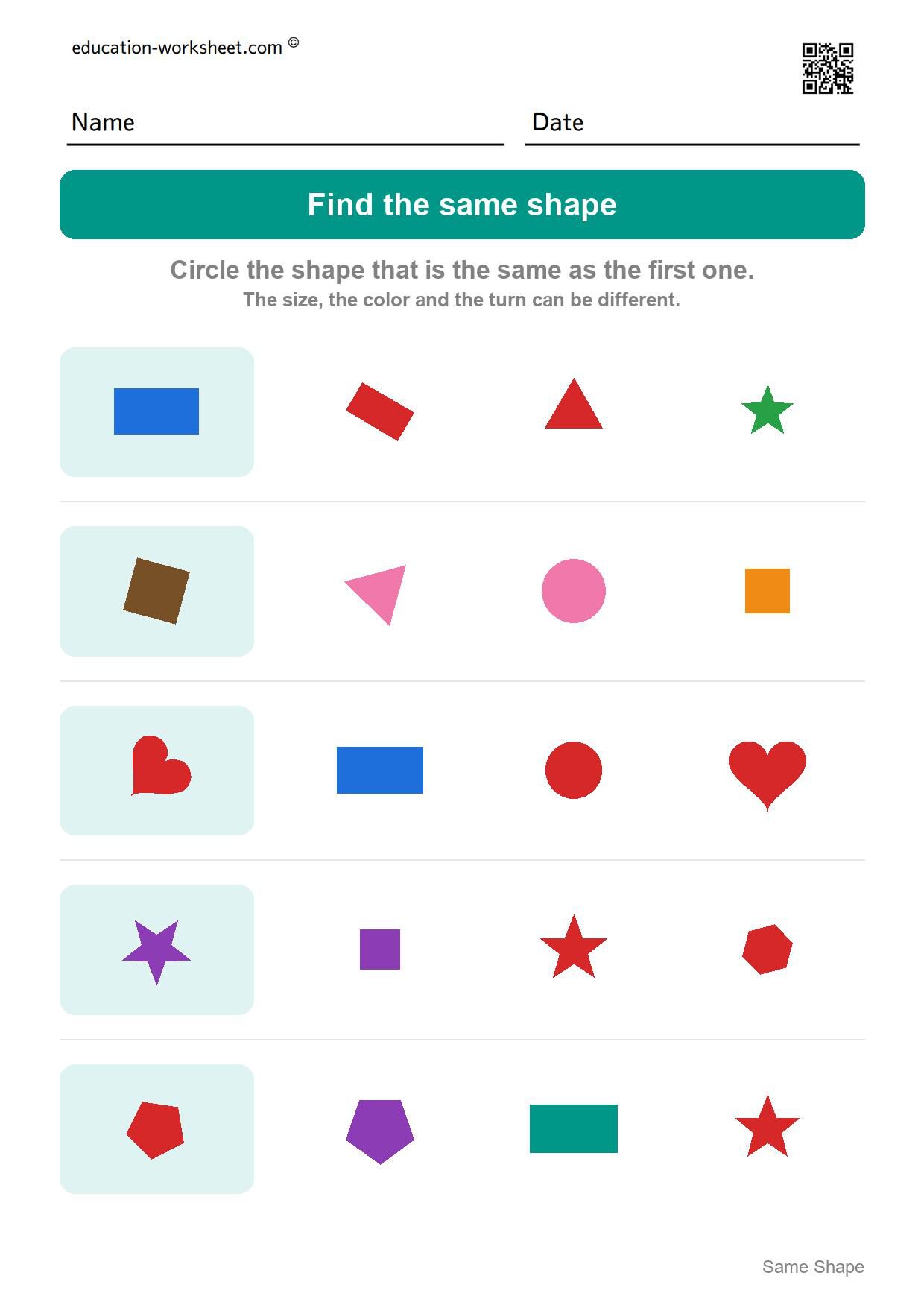 Find the same shape (Set 2) - Free Same Shape Worksheets for Kindergarten - Match Shapes of Any Size