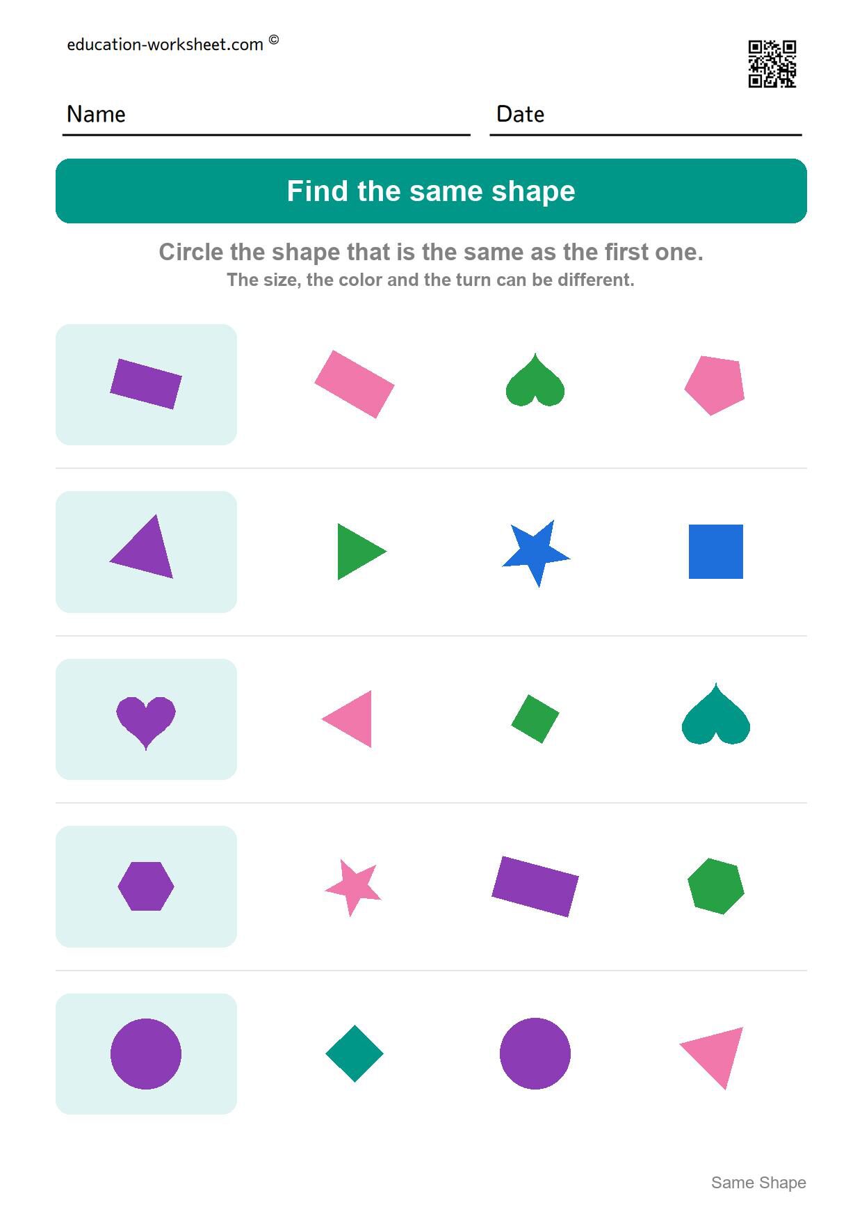 Find the same shape (Set 3) - Free Same Shape Worksheets for Kindergarten - Match Shapes of Any Size