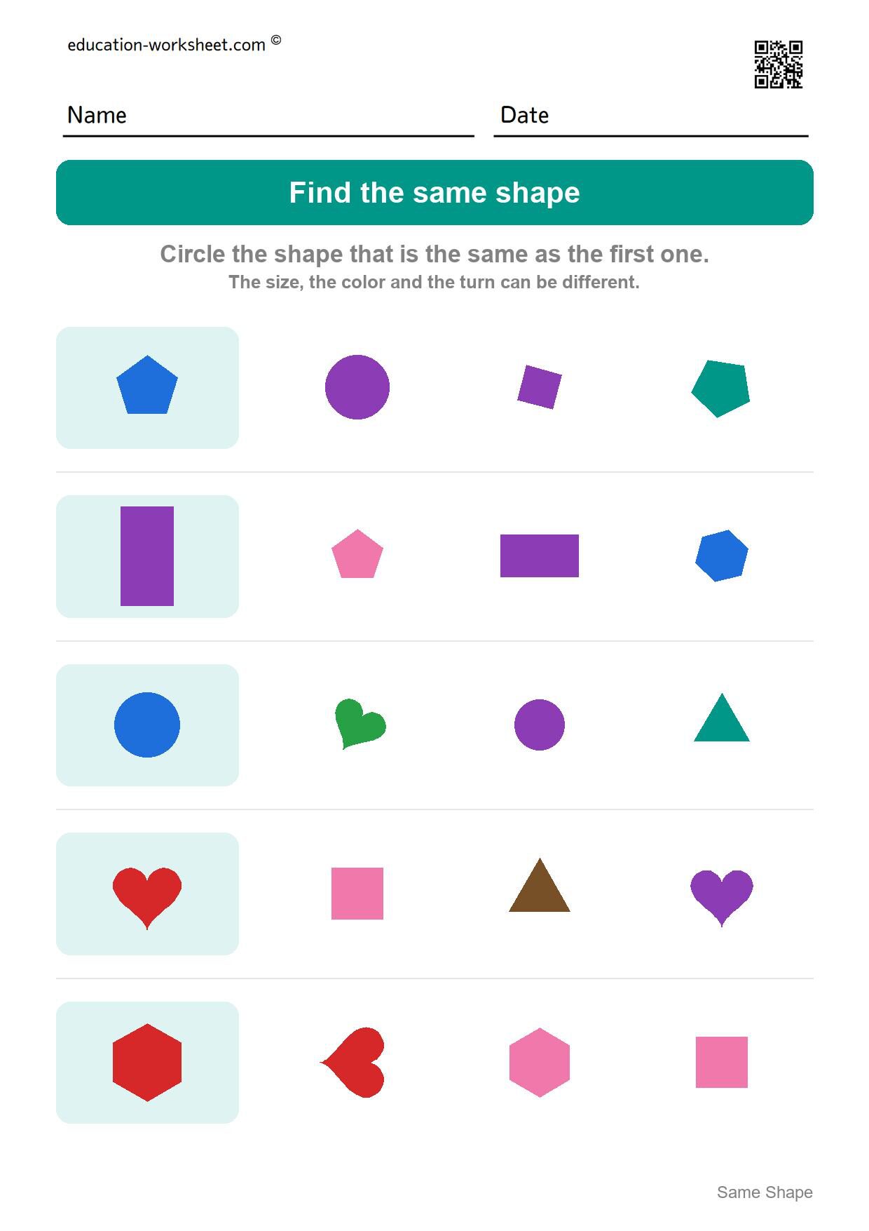 Find the same shape (Set 4) - Free Same Shape Worksheets for Kindergarten - Match Shapes of Any Size