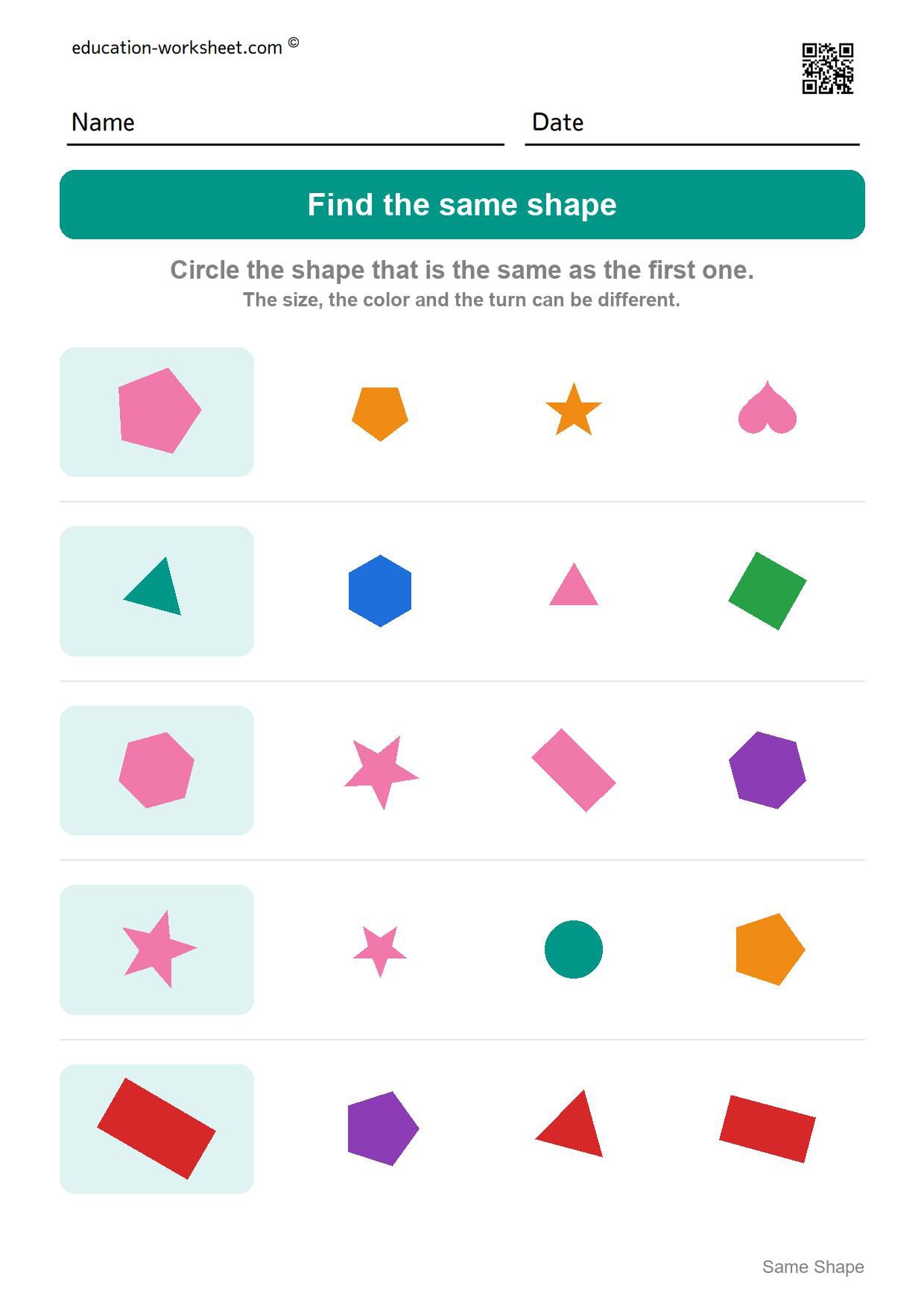 Find the same shape (Set 5) - Free Same Shape Worksheets for Kindergarten - Match Shapes of Any Size