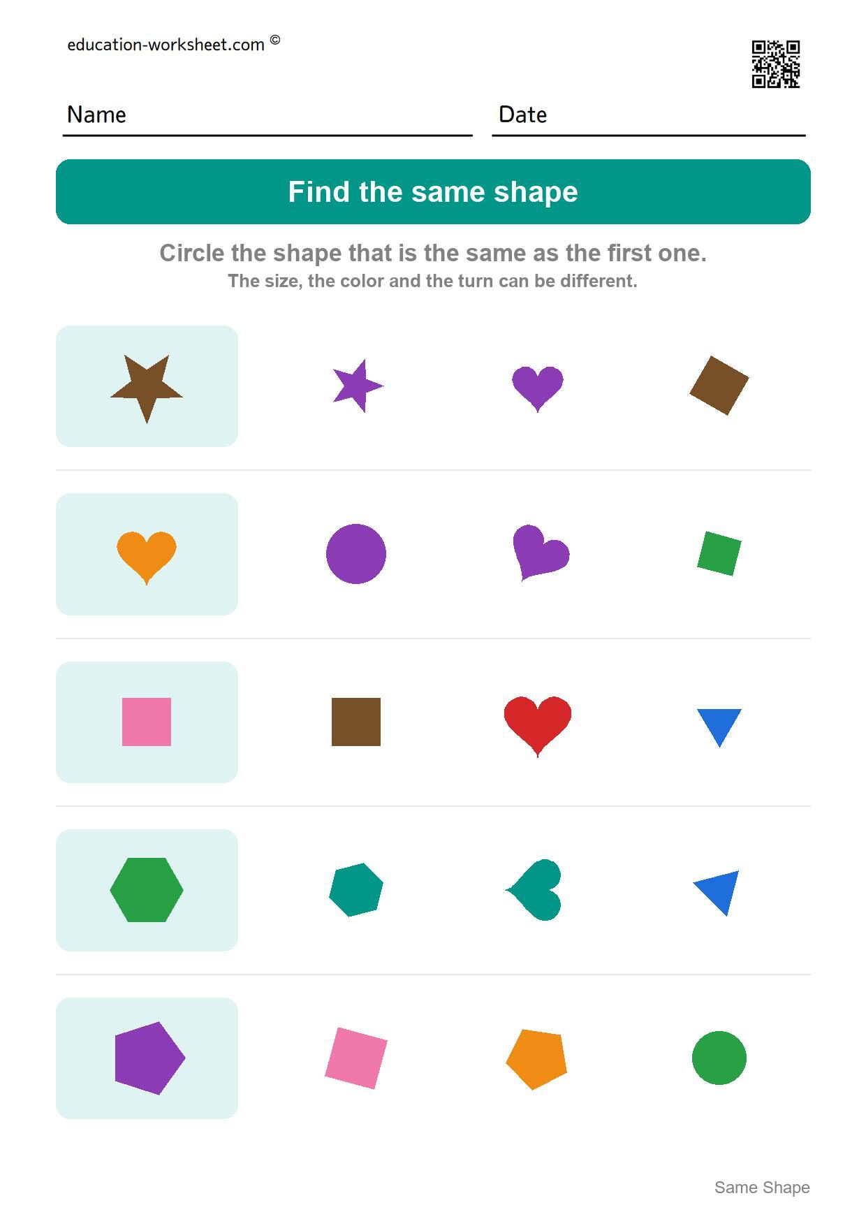 Find the same shape (Set 6) - Free Same Shape Worksheets for Kindergarten - Match Shapes of Any Size