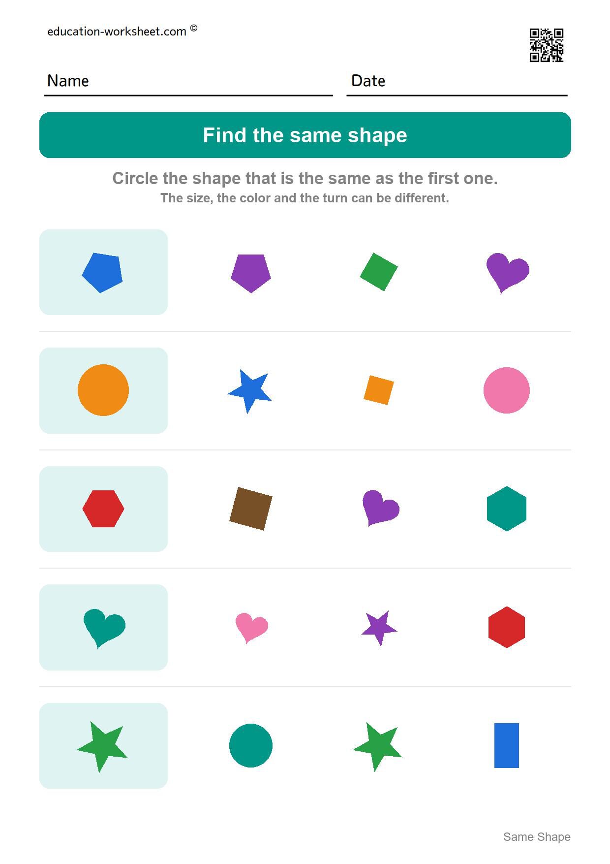 Find the same shape (Set 7) - Free Same Shape Worksheets for Kindergarten - Match Shapes of Any Size