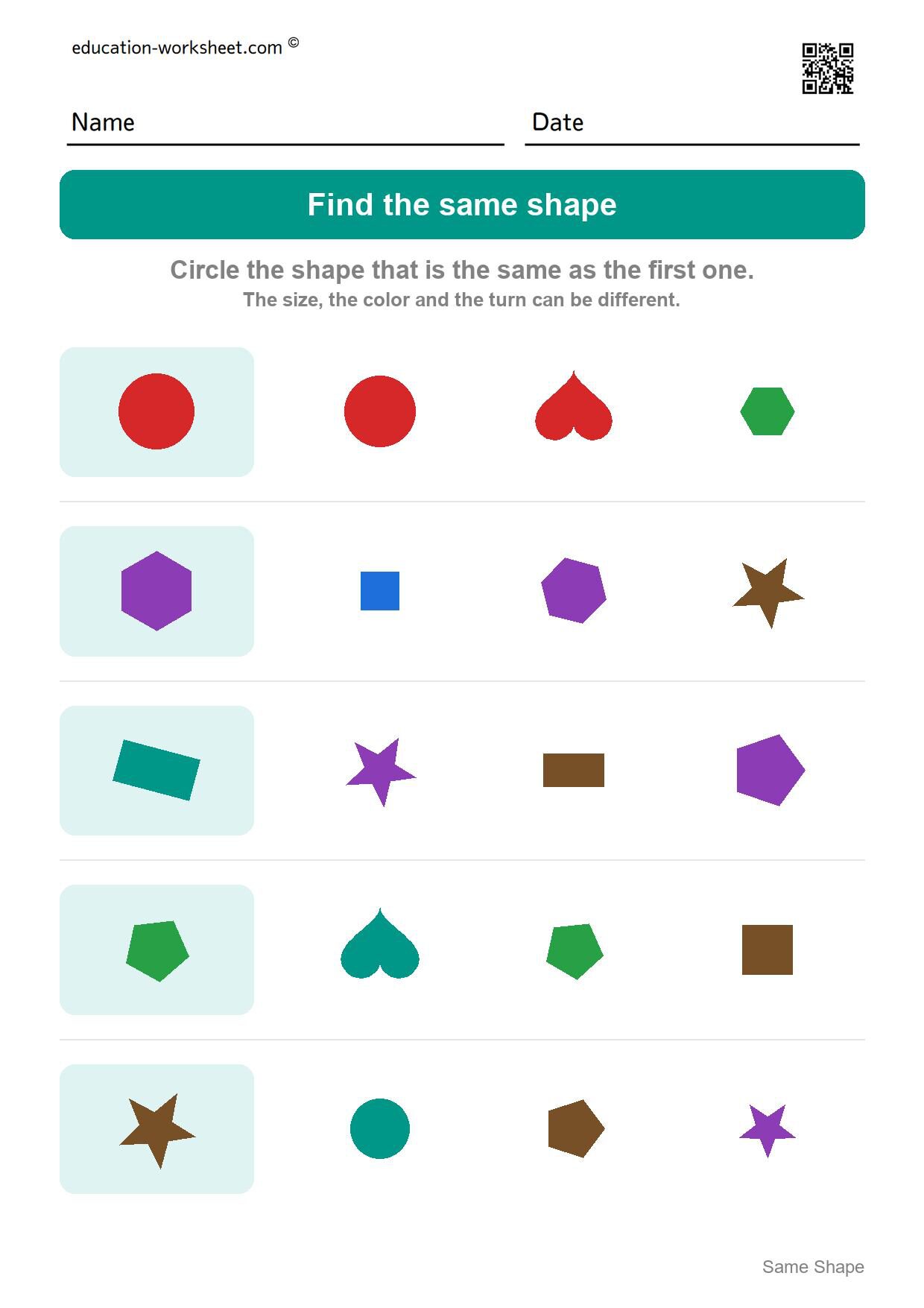 Find the same shape (Set 8) - Free Same Shape Worksheets for Kindergarten - Match Shapes of Any Size