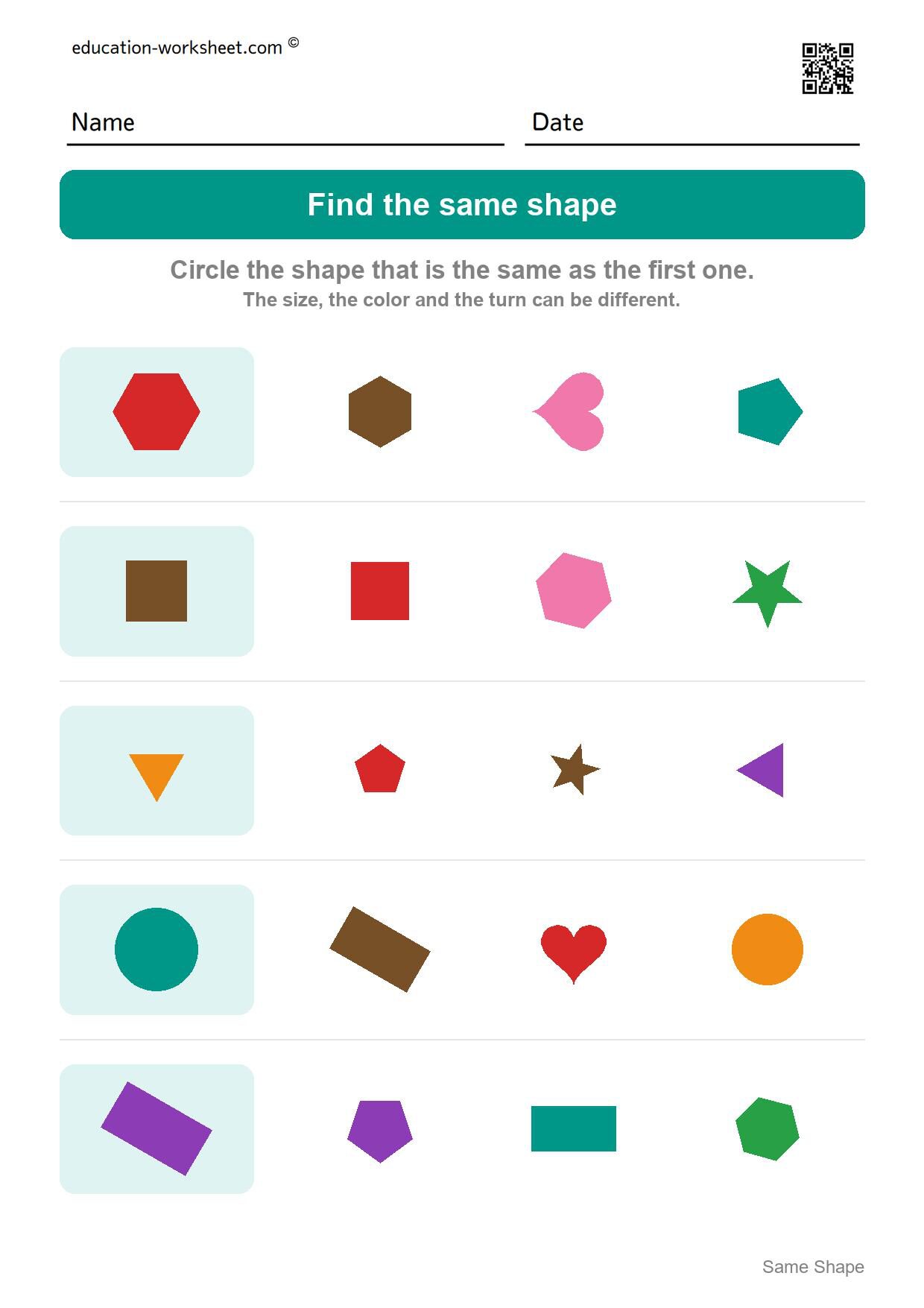 Find the same shape (Set 9) - Free Same Shape Worksheets for Kindergarten - Match Shapes of Any Size