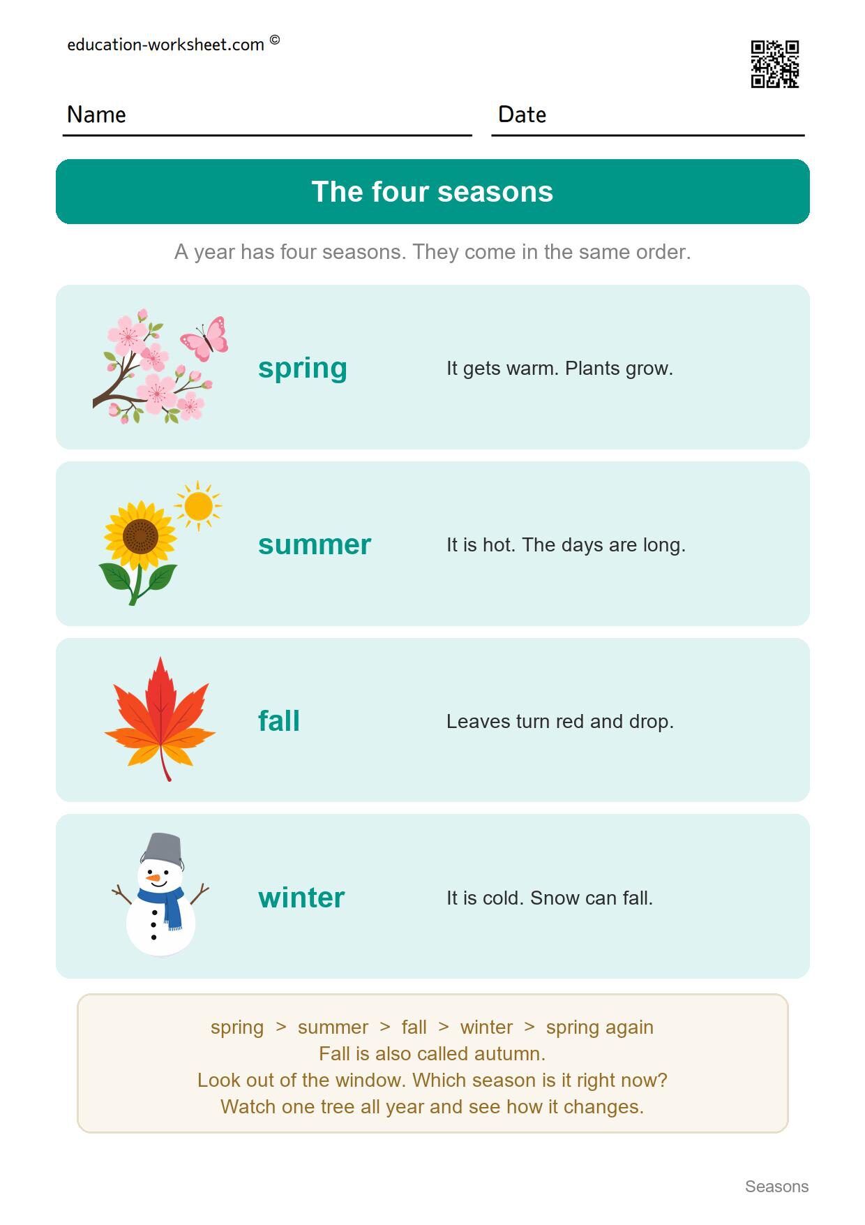 The four seasons (start here) - Free Four Seasons Worksheets for Kindergarten - Science