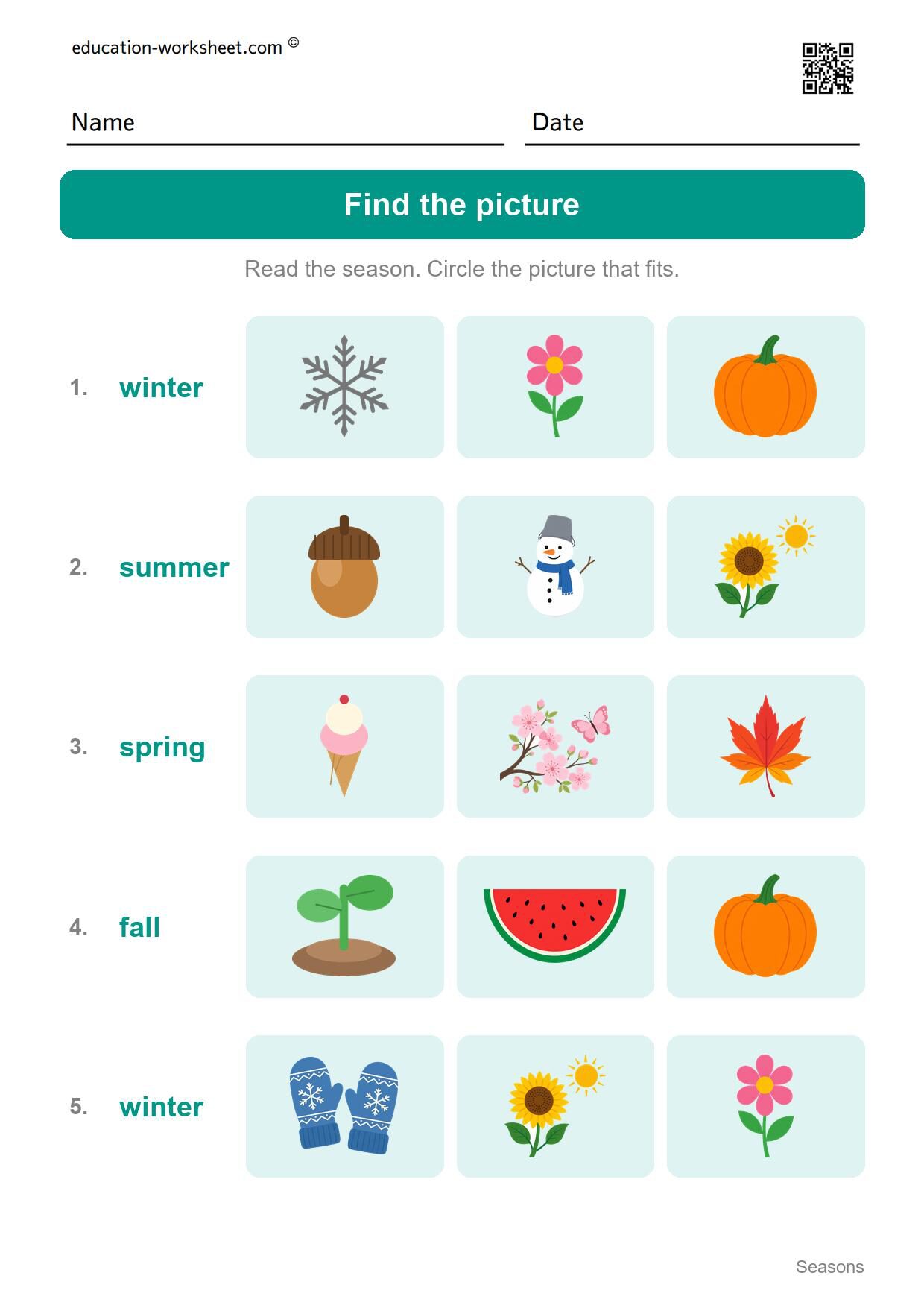 Find the season picture (Set 10) - Free Four Seasons Worksheets for Kindergarten - Science