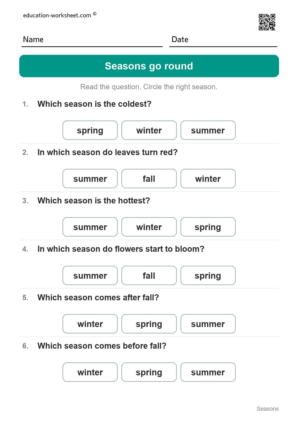 Seasons go round (Set 11) - Free Four Seasons Worksheets for Kindergarten - Science