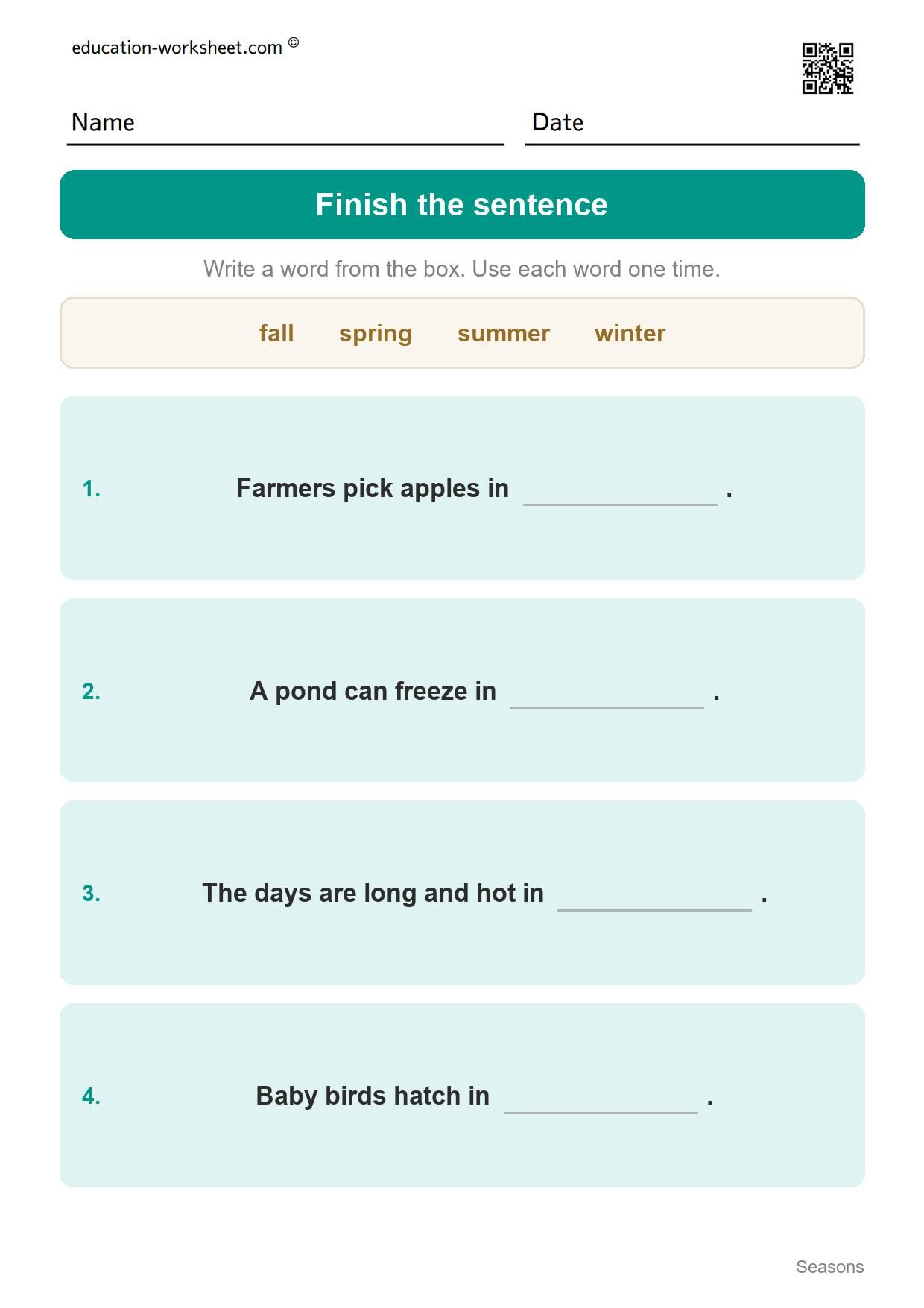 Finish the season sentence (Set 12) - Free Four Seasons Worksheets for Kindergarten - Science