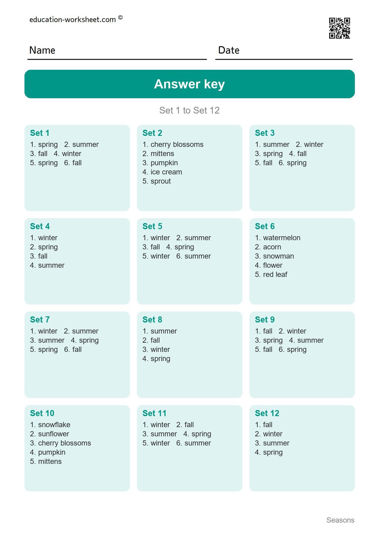 Answer key - Free Four Seasons Worksheets for Kindergarten - Science