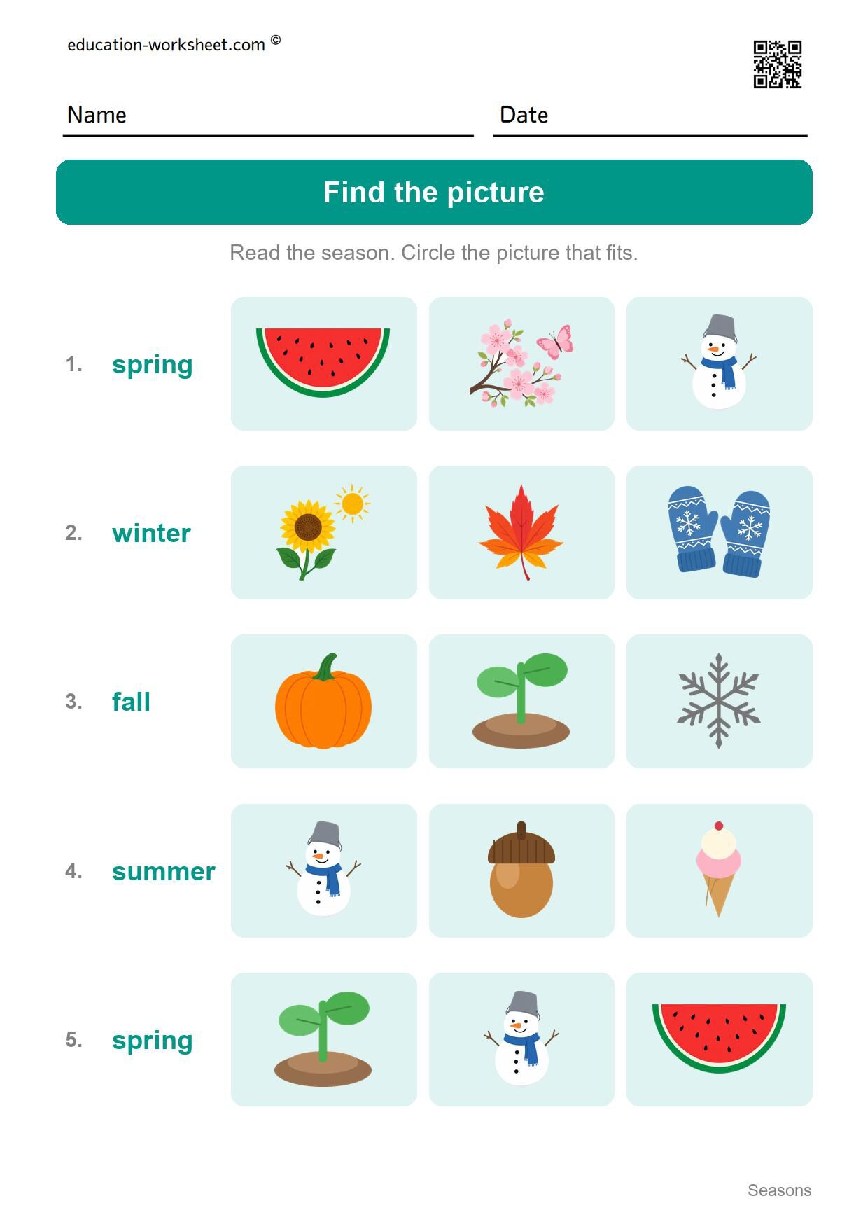 Find the season picture (Set 2) - Free Four Seasons Worksheets for Kindergarten - Science