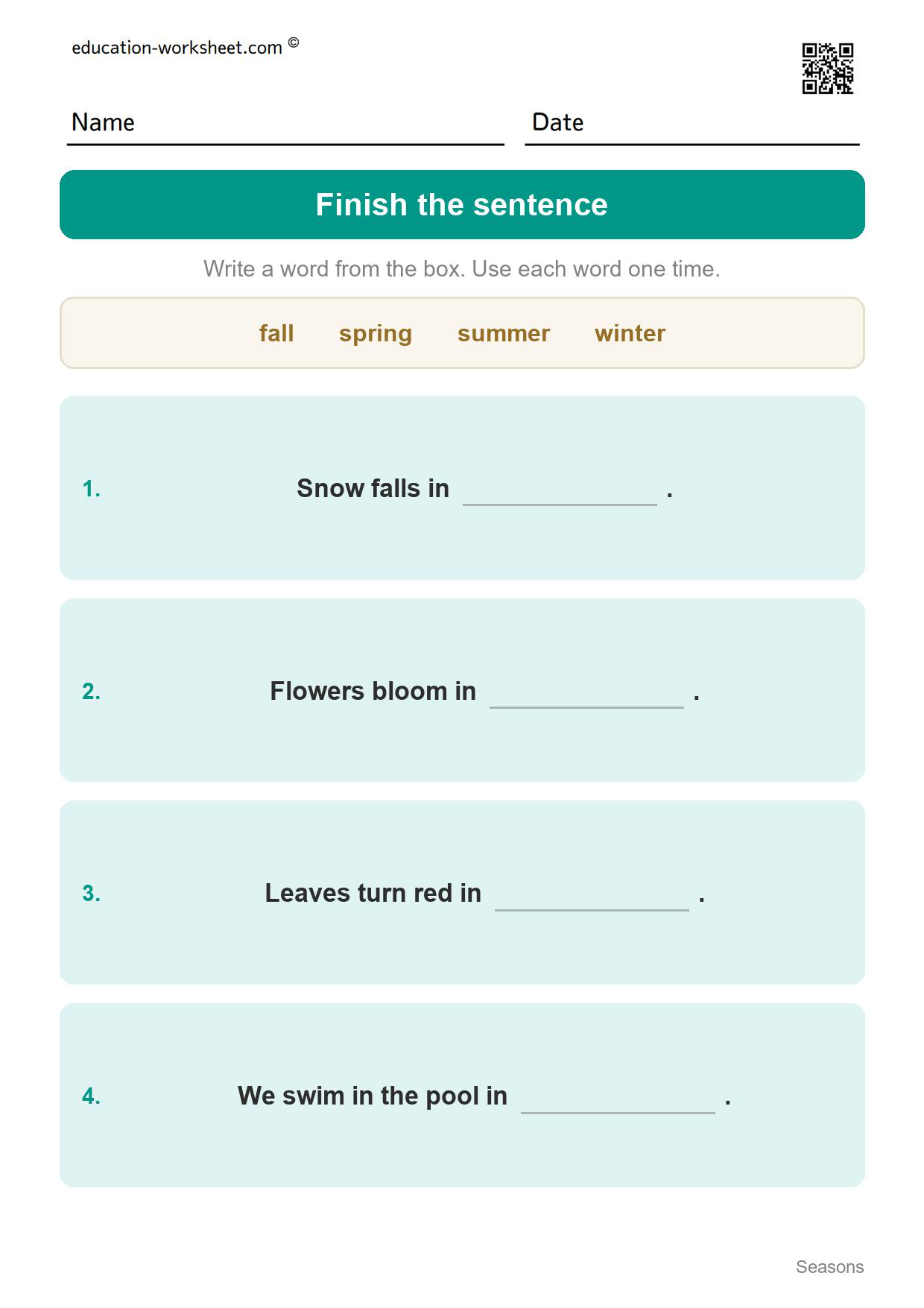 Finish the season sentence (Set 4) - Free Four Seasons Worksheets for Kindergarten - Science