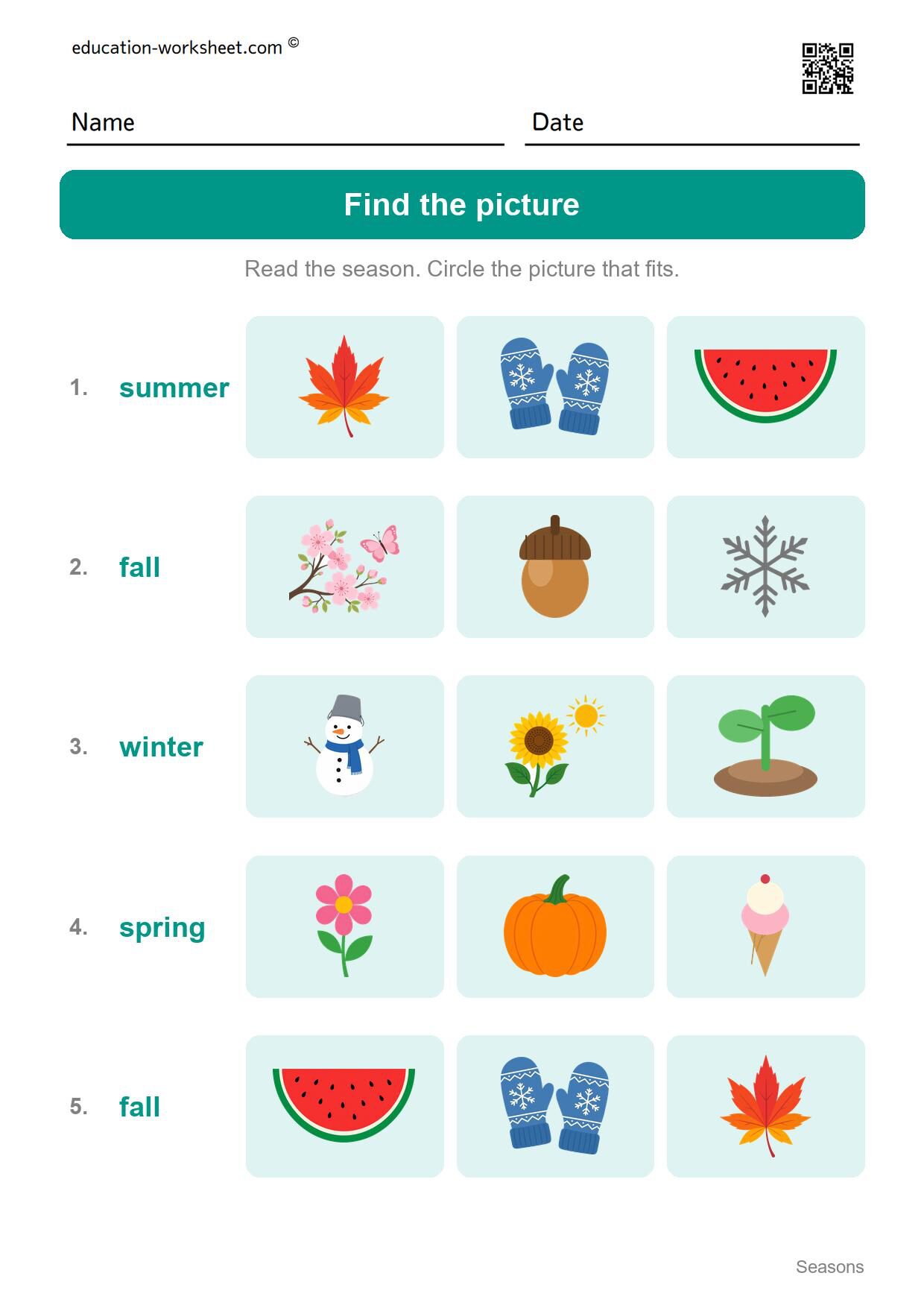 Find the season picture (Set 6) - Free Four Seasons Worksheets for Kindergarten - Science