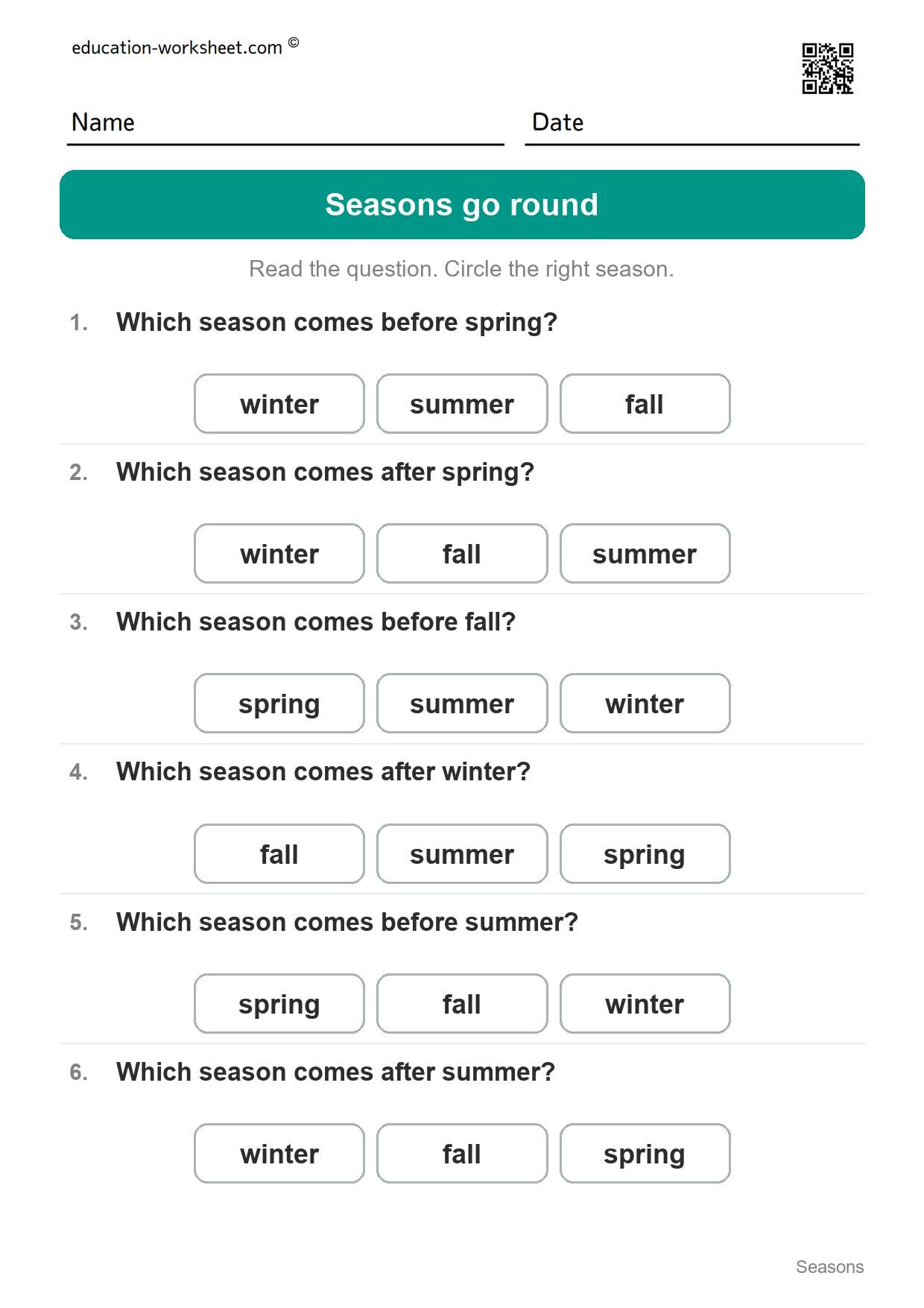Seasons go round (Set 7) - Free Four Seasons Worksheets for Kindergarten - Science