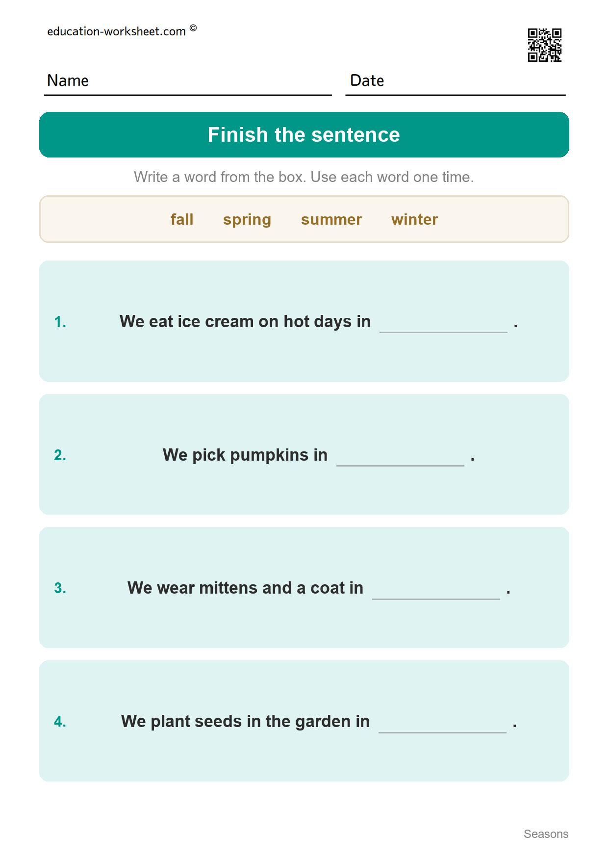 Finish the season sentence (Set 8) - Free Four Seasons Worksheets for Kindergarten - Science