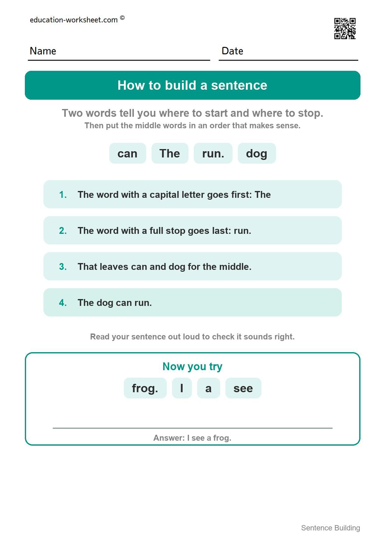 How to build a sentence - where to start and stop - Free Sentence Building Worksheets for Kindergarten - Word Order