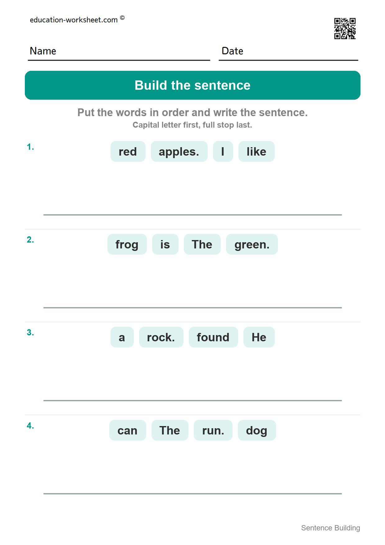 Build the sentence (Set 9) - Free Sentence Building Worksheets for Kindergarten - Word Order