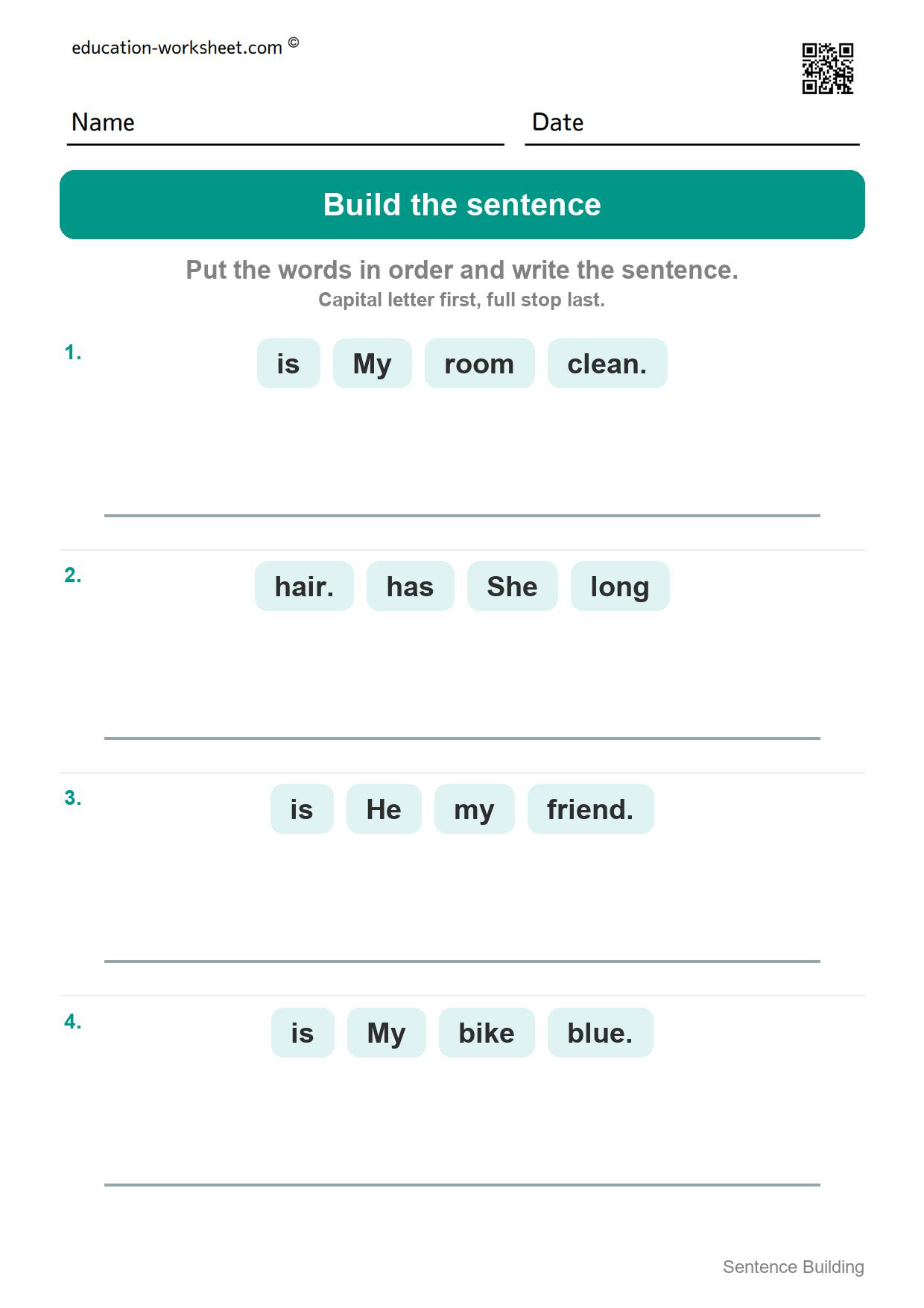 Build the sentence (Set 10) - Free Sentence Building Worksheets for Kindergarten - Word Order