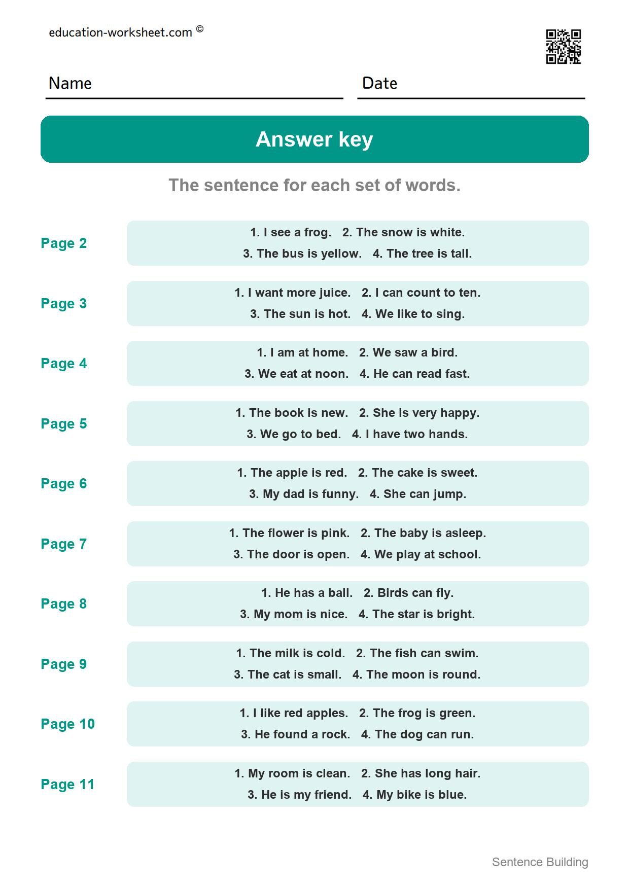 Answer key - all 10 pages - Free Sentence Building Worksheets for Kindergarten - Word Order