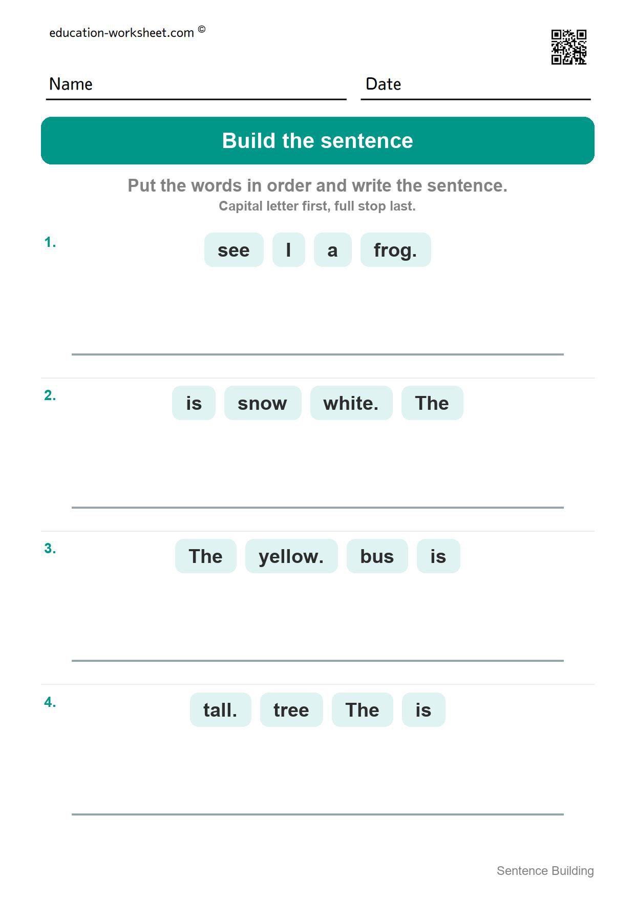 Build the sentence (Set 1) - Free Sentence Building Worksheets for Kindergarten - Word Order