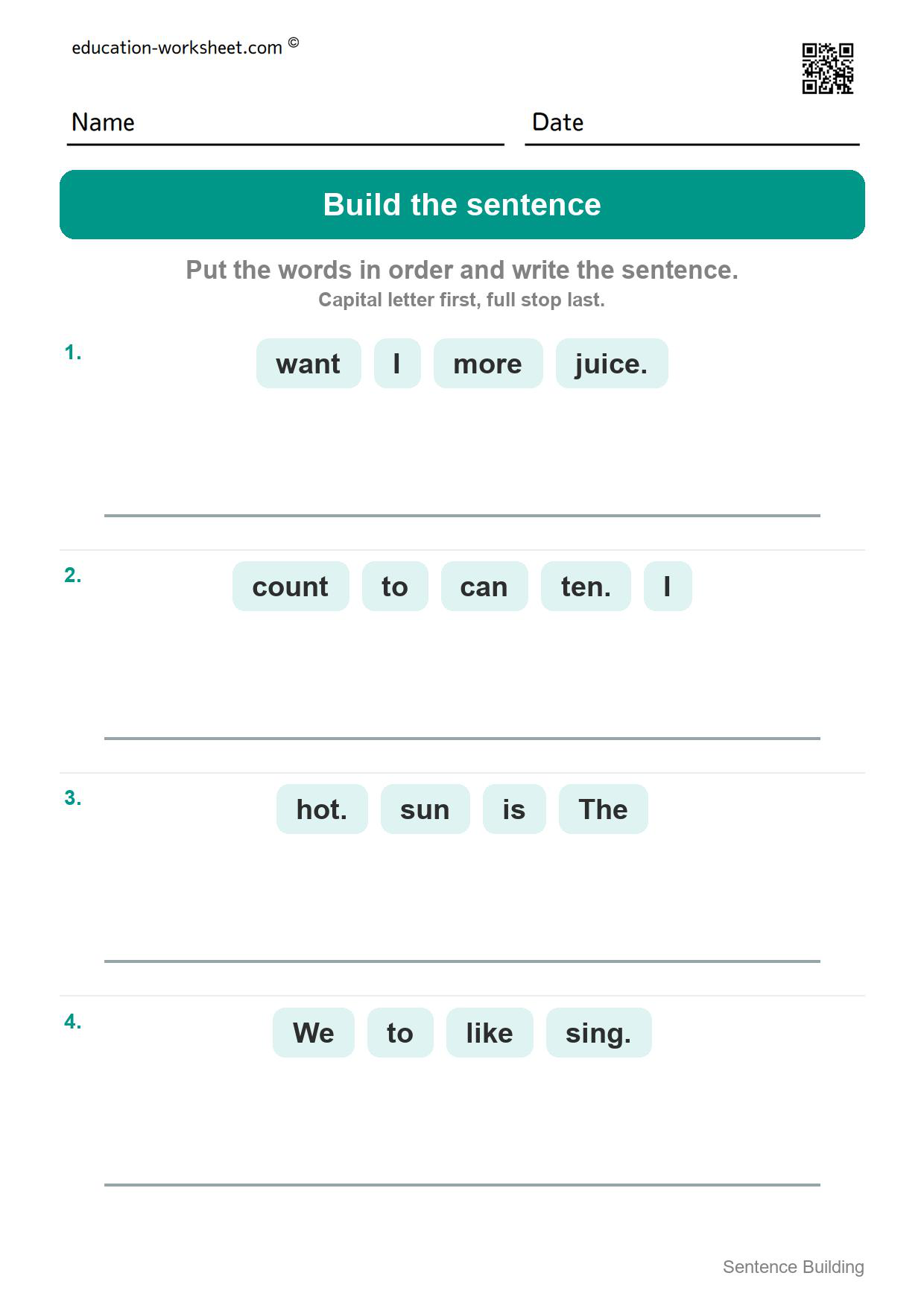 Build the sentence (Set 2) - Free Sentence Building Worksheets for Kindergarten - Word Order