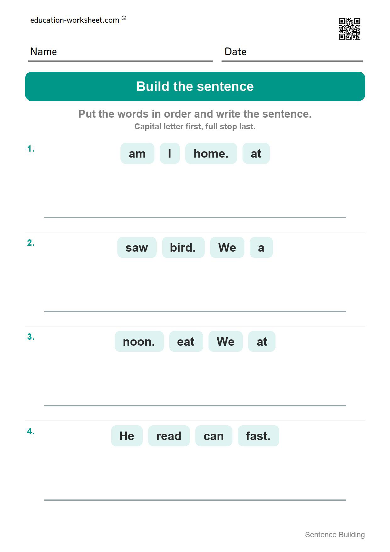 Build the sentence (Set 3) - Free Sentence Building Worksheets for Kindergarten - Word Order