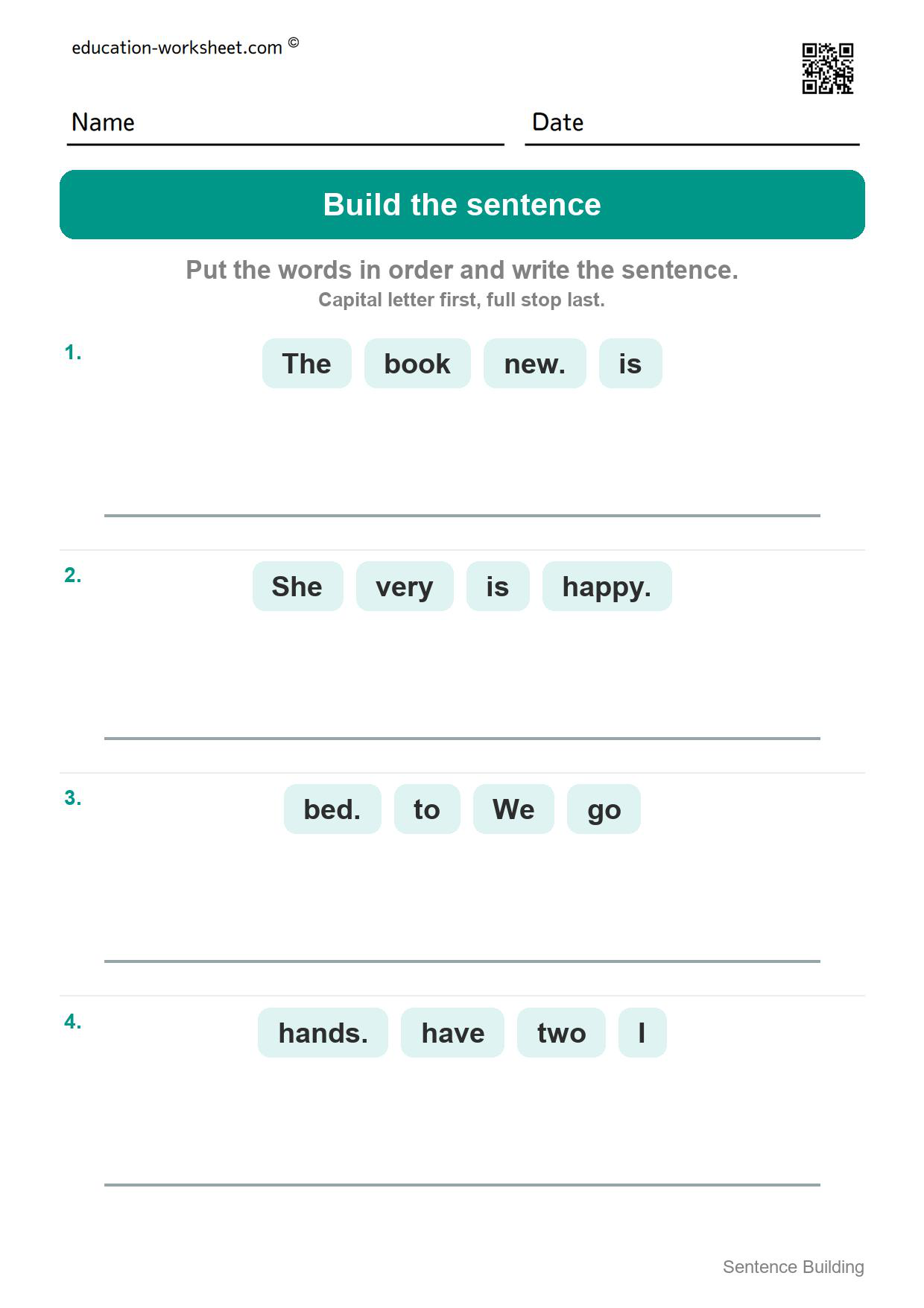Build the sentence (Set 4) - Free Sentence Building Worksheets for Kindergarten - Word Order