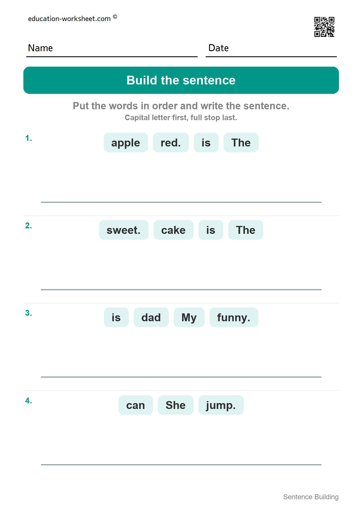 Build the sentence (Set 5) - Free Sentence Building Worksheets for Kindergarten - Word Order