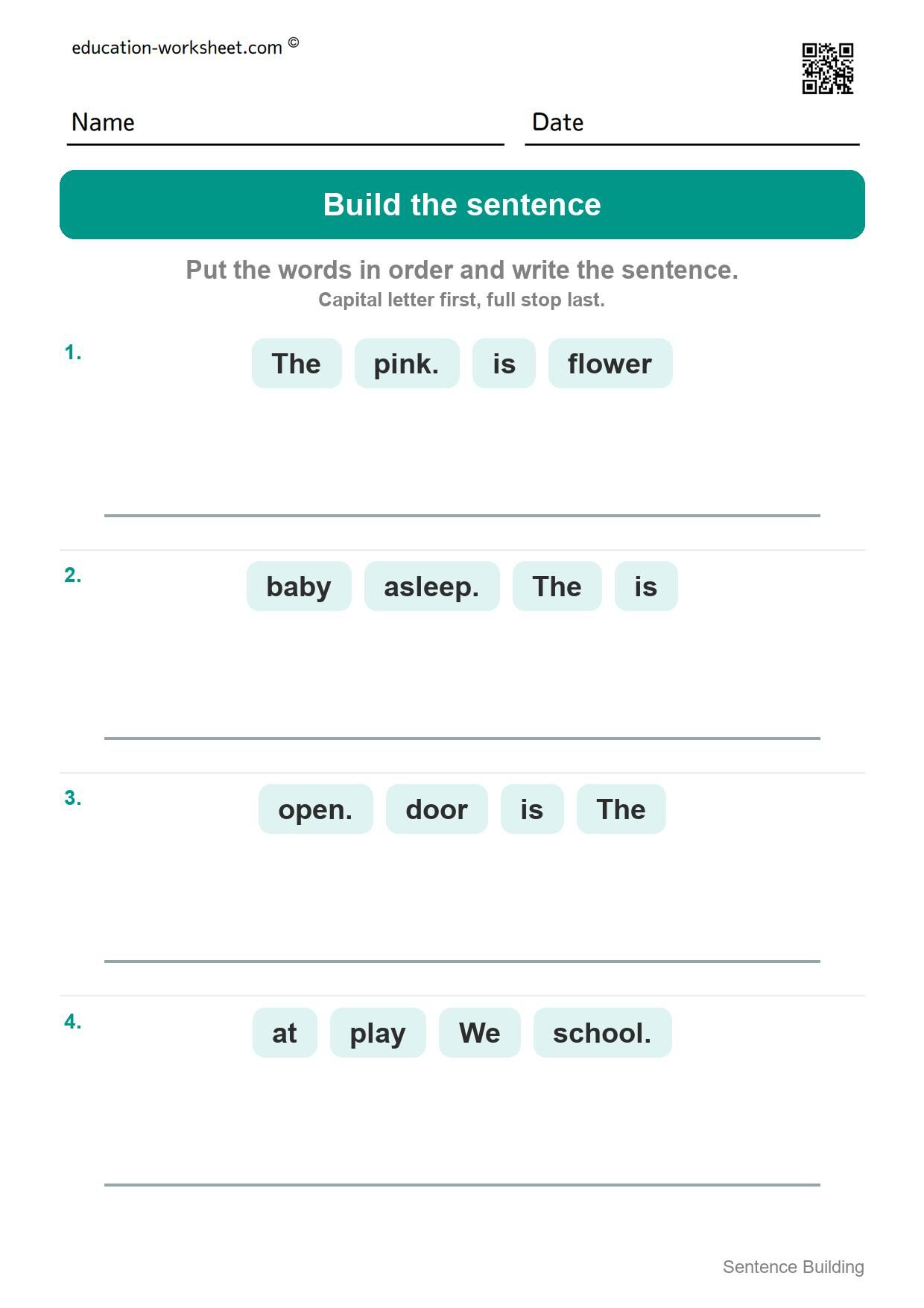 Build the sentence (Set 6) - Free Sentence Building Worksheets for Kindergarten - Word Order