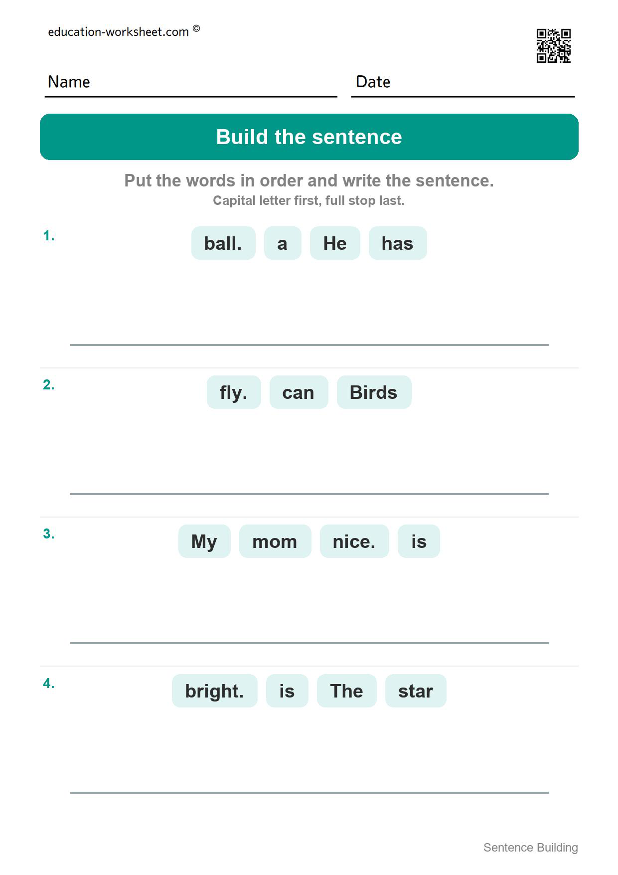 Build the sentence (Set 7) - Free Sentence Building Worksheets for Kindergarten - Word Order
