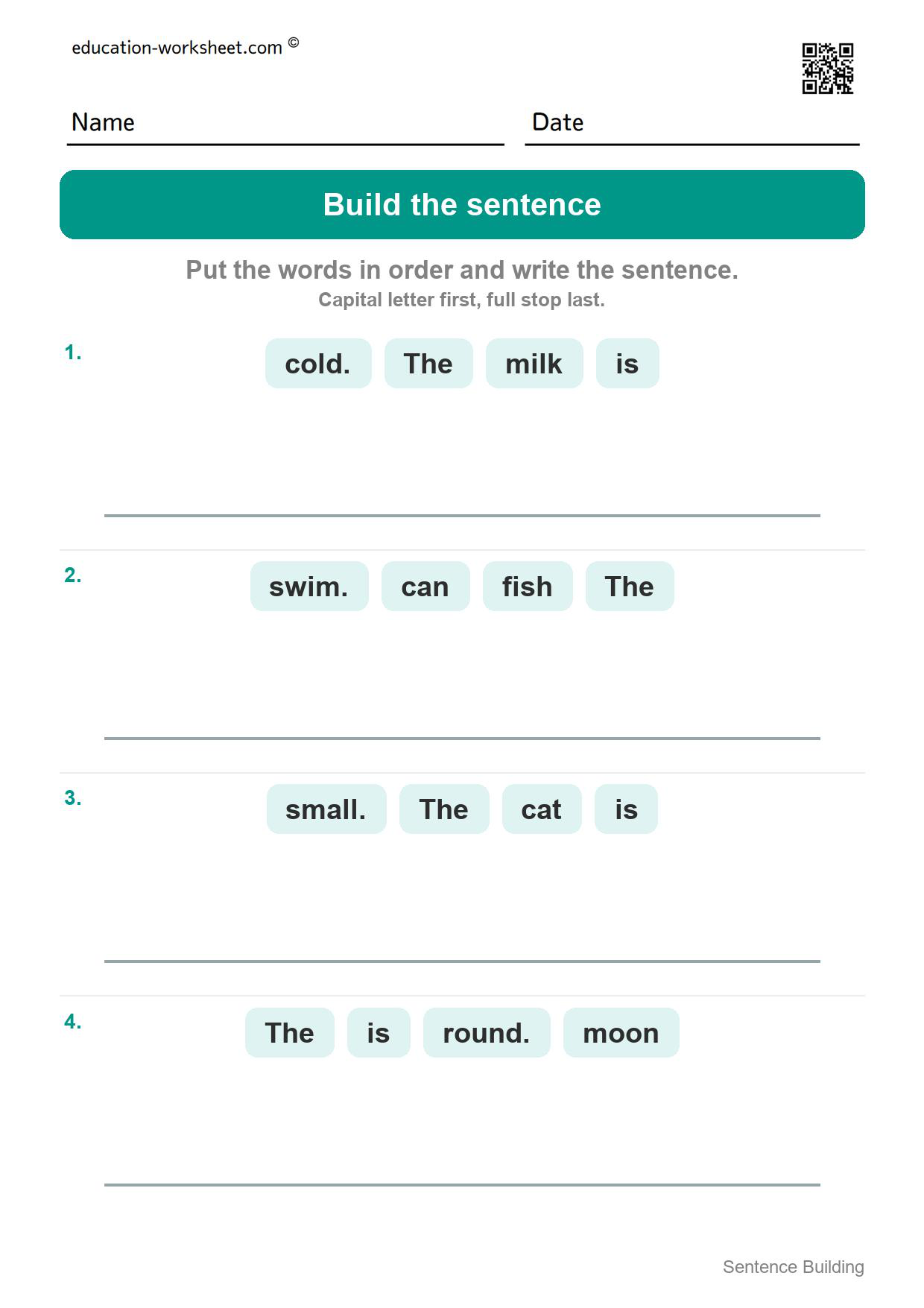 Build the sentence (Set 8) - Free Sentence Building Worksheets for Kindergarten - Word Order