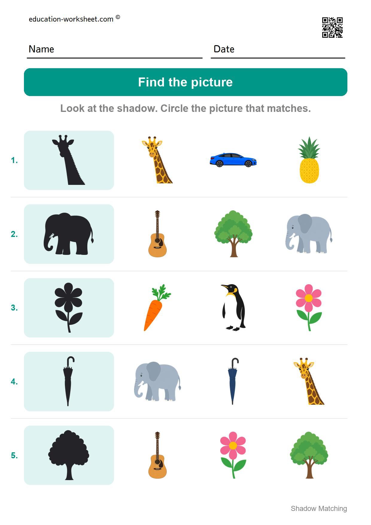 Find the picture (Set 10) - Free Shadow Matching Worksheets for Kindergarten - Match Shadows
