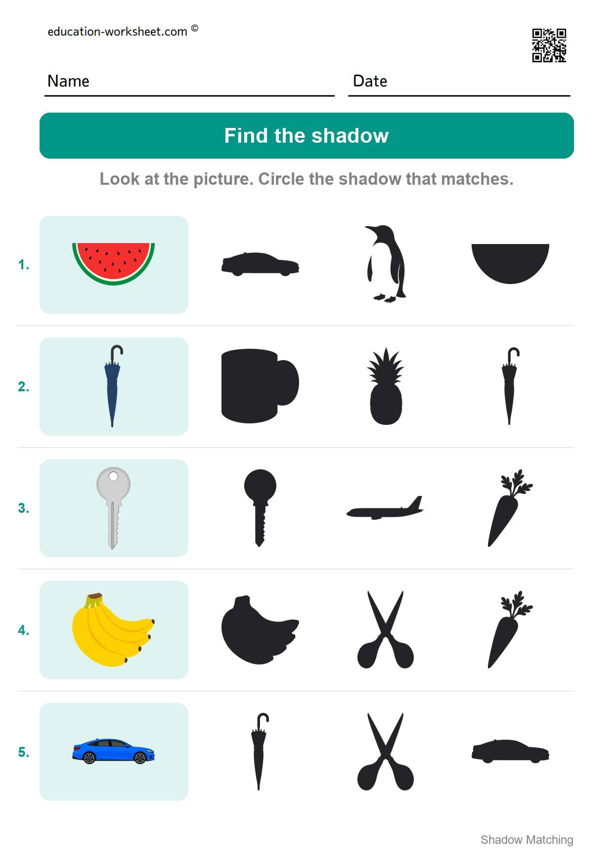 Find the shadow (Set 11) - Free Shadow Matching Worksheets for Kindergarten - Match Shadows