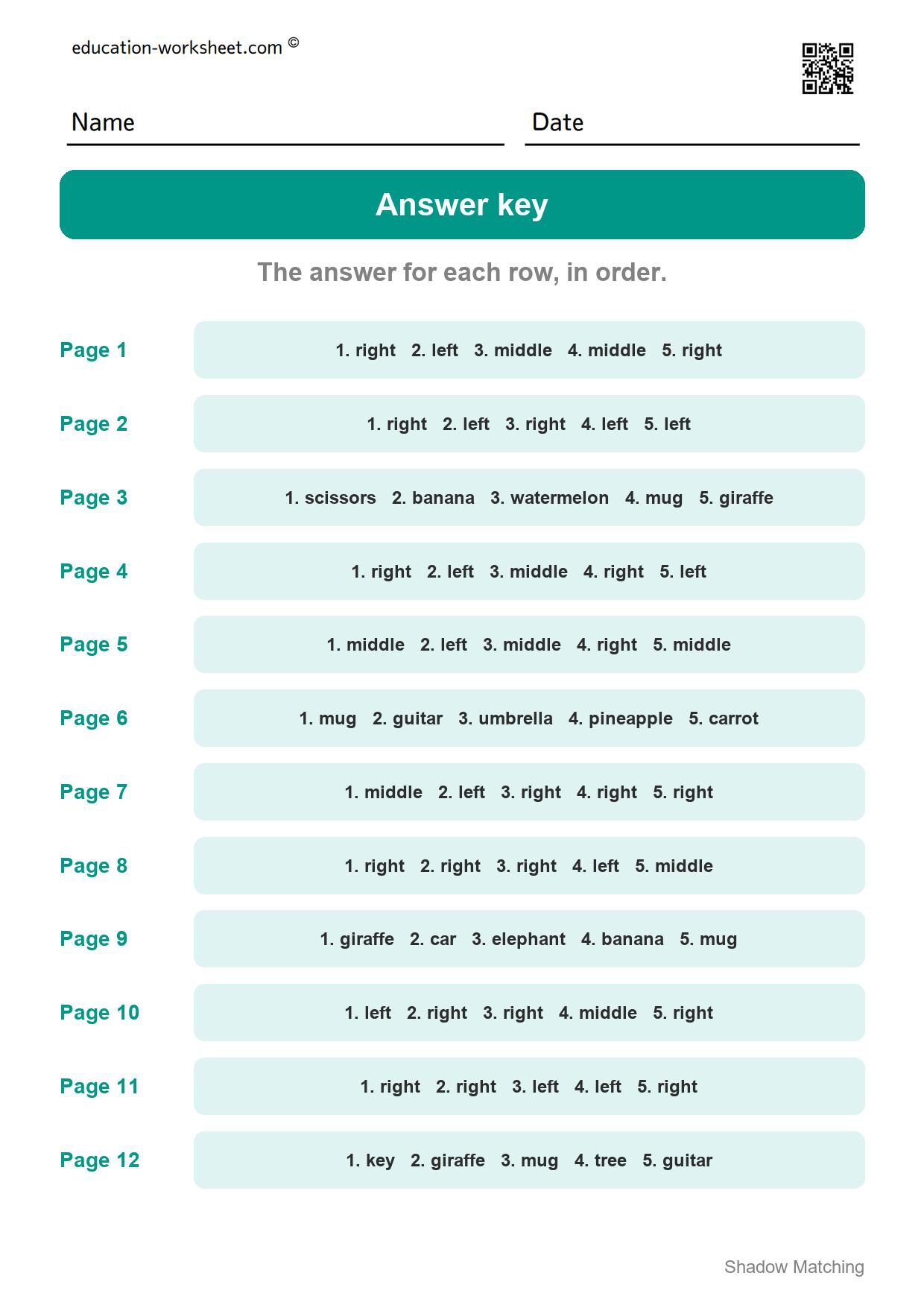 Answer key - all 12 pages - Free Shadow Matching Worksheets for Kindergarten - Match Shadows