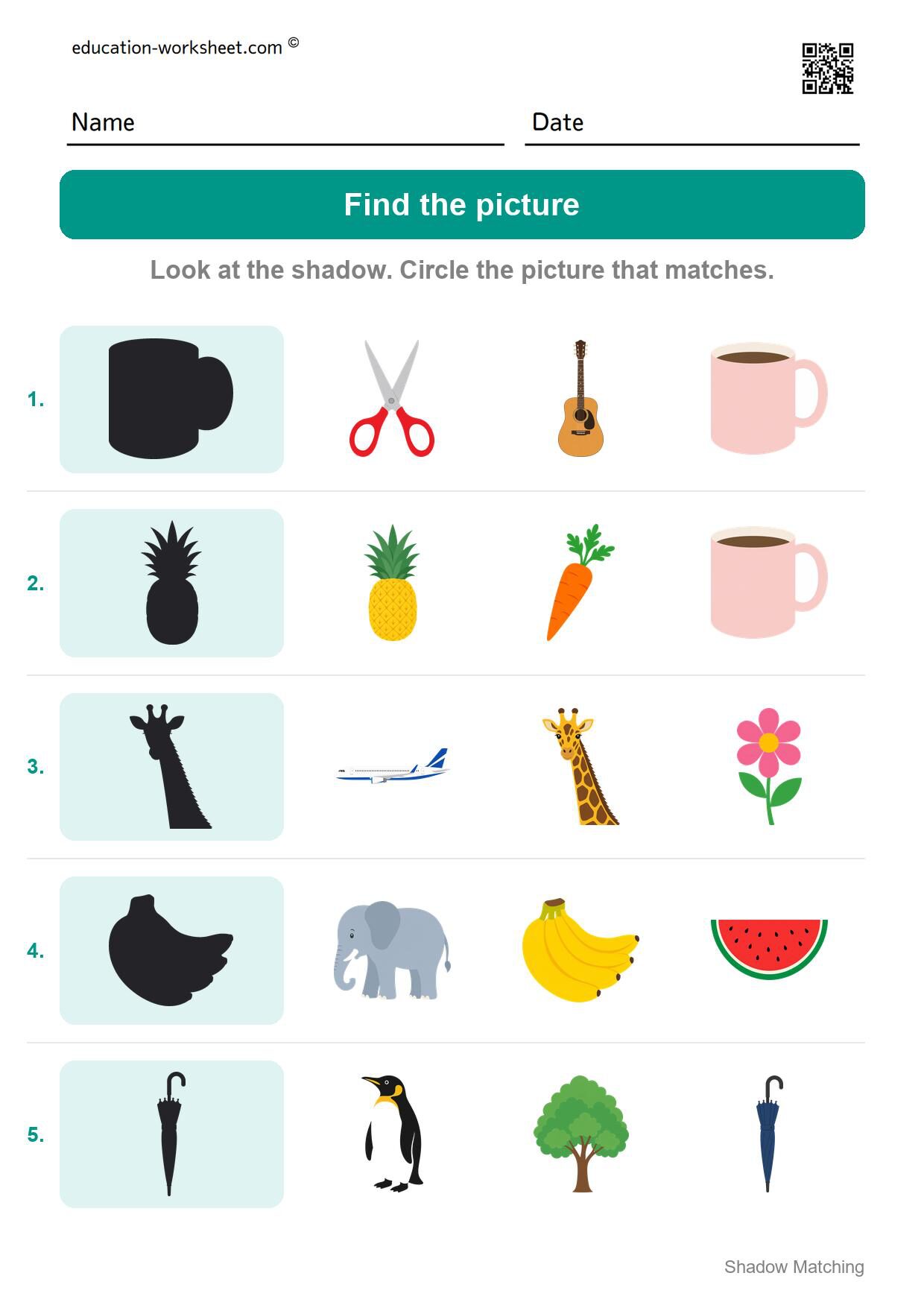 Find the picture (Set 1) - Free Shadow Matching Worksheets for Kindergarten - Match Shadows