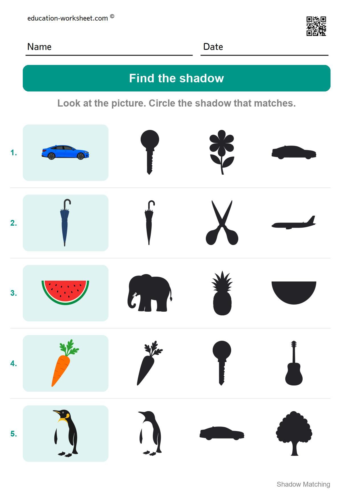 Find the shadow (Set 2) - Free Shadow Matching Worksheets for Kindergarten - Match Shadows