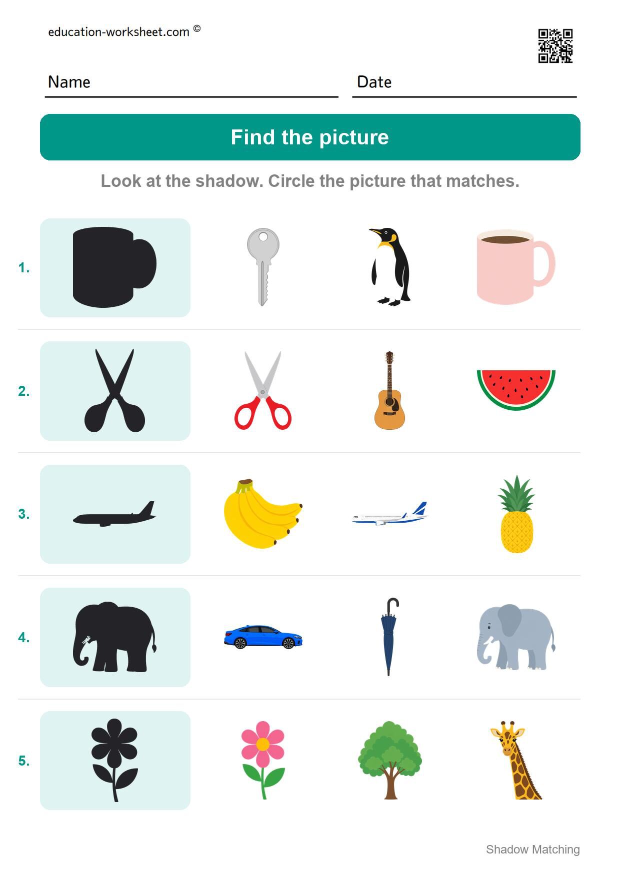 Find the picture (Set 4) - Free Shadow Matching Worksheets for Kindergarten - Match Shadows