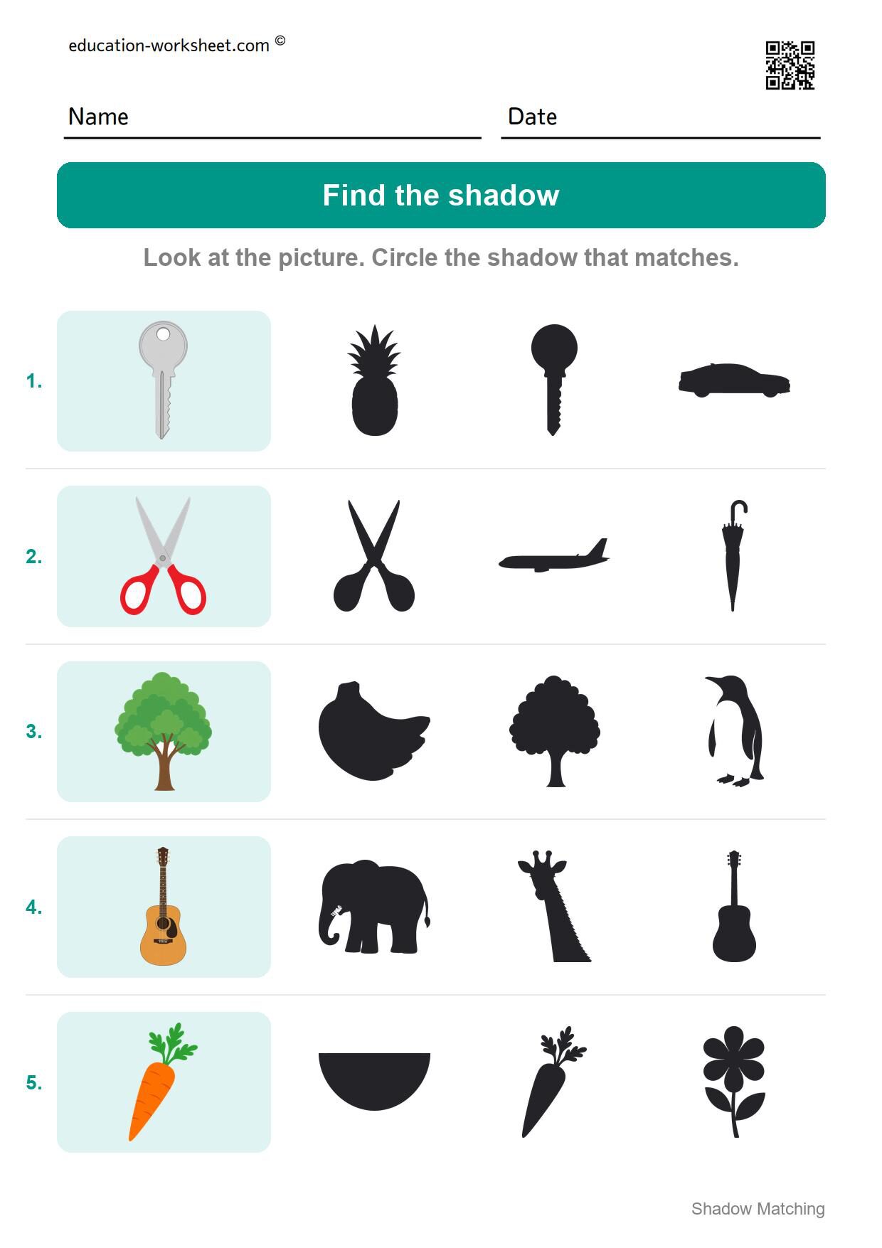 Find the shadow (Set 5) - Free Shadow Matching Worksheets for Kindergarten - Match Shadows