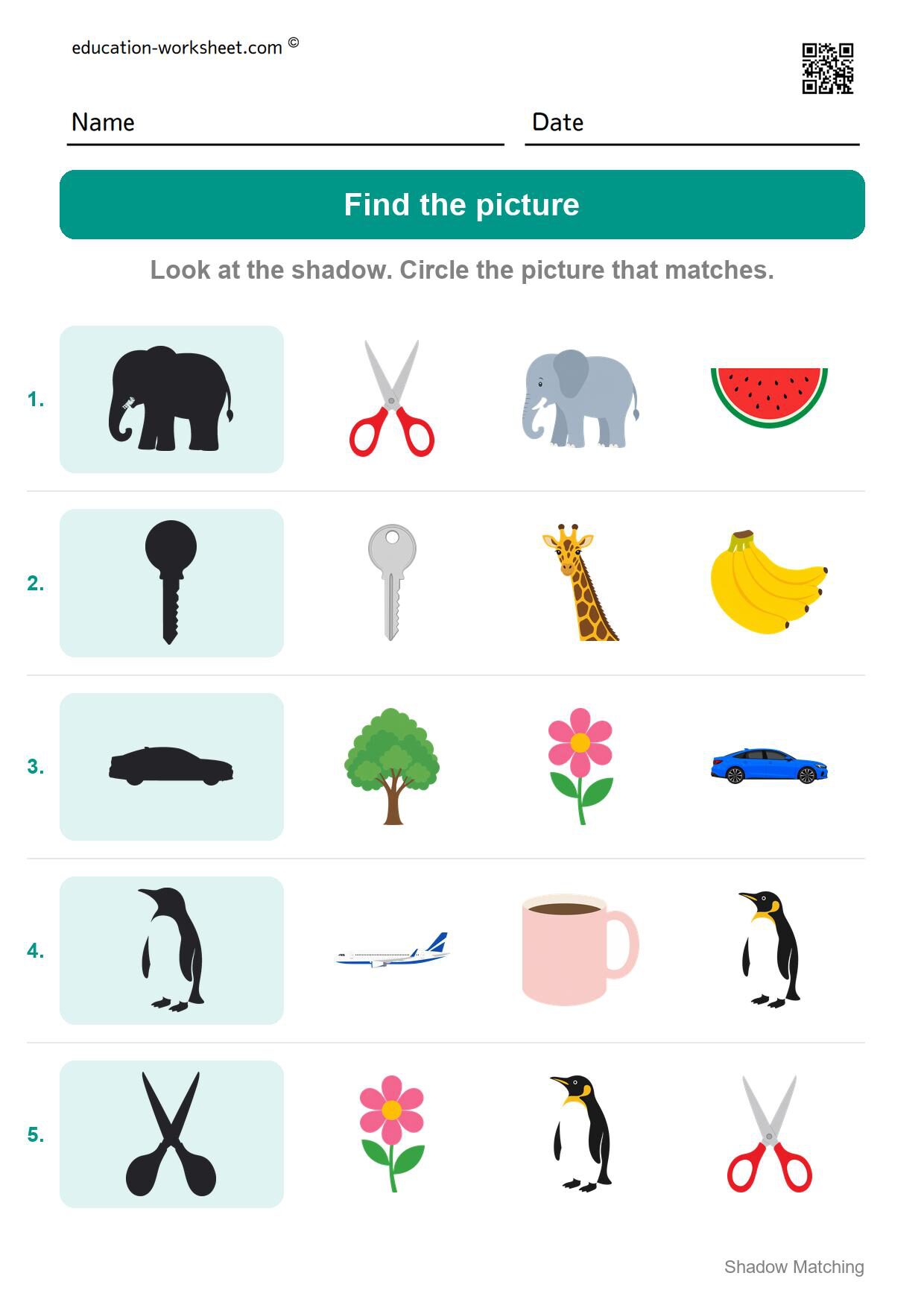 Find the picture (Set 7) - Free Shadow Matching Worksheets for Kindergarten - Match Shadows