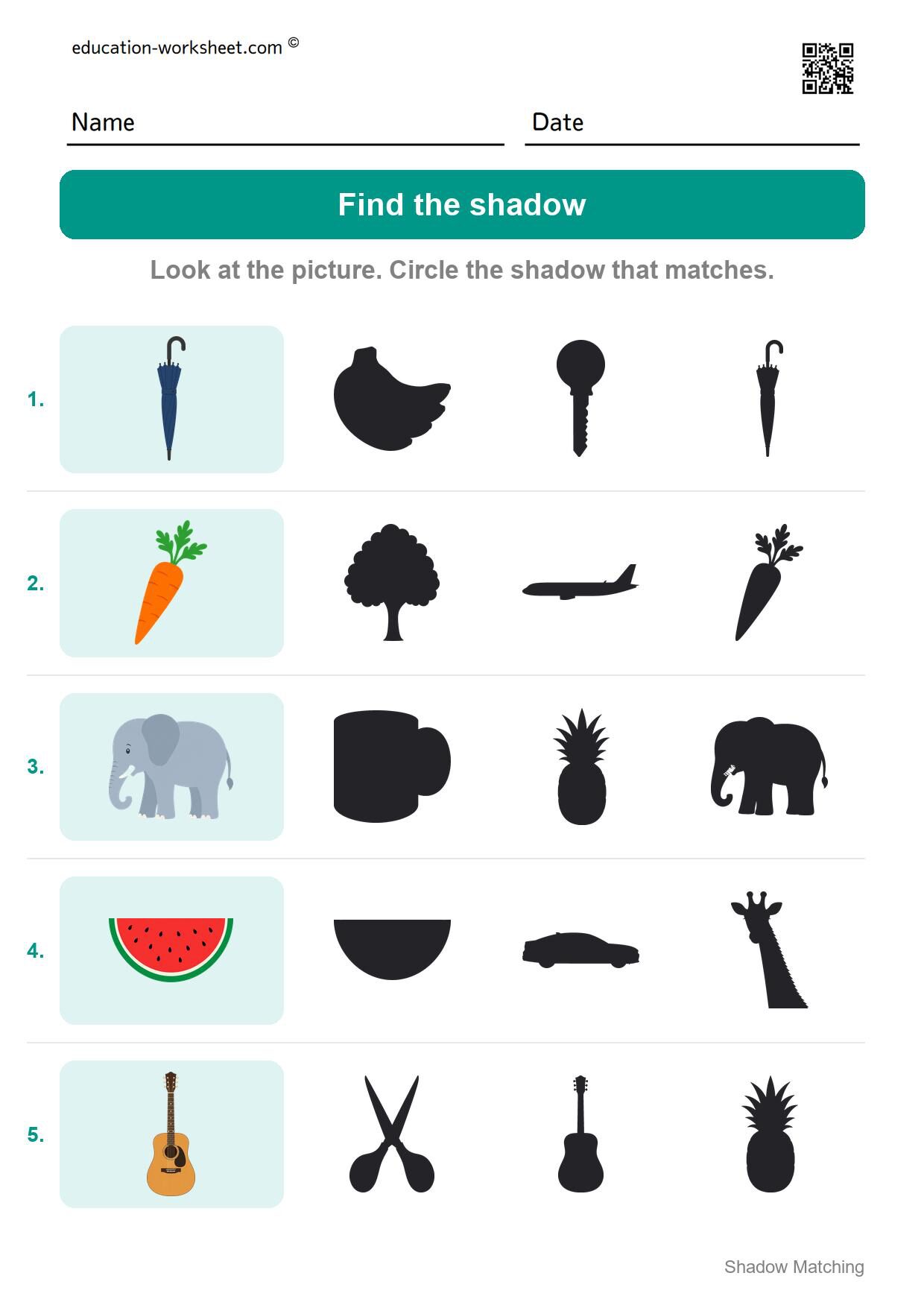 Find the shadow (Set 8) - Free Shadow Matching Worksheets for Kindergarten - Match Shadows