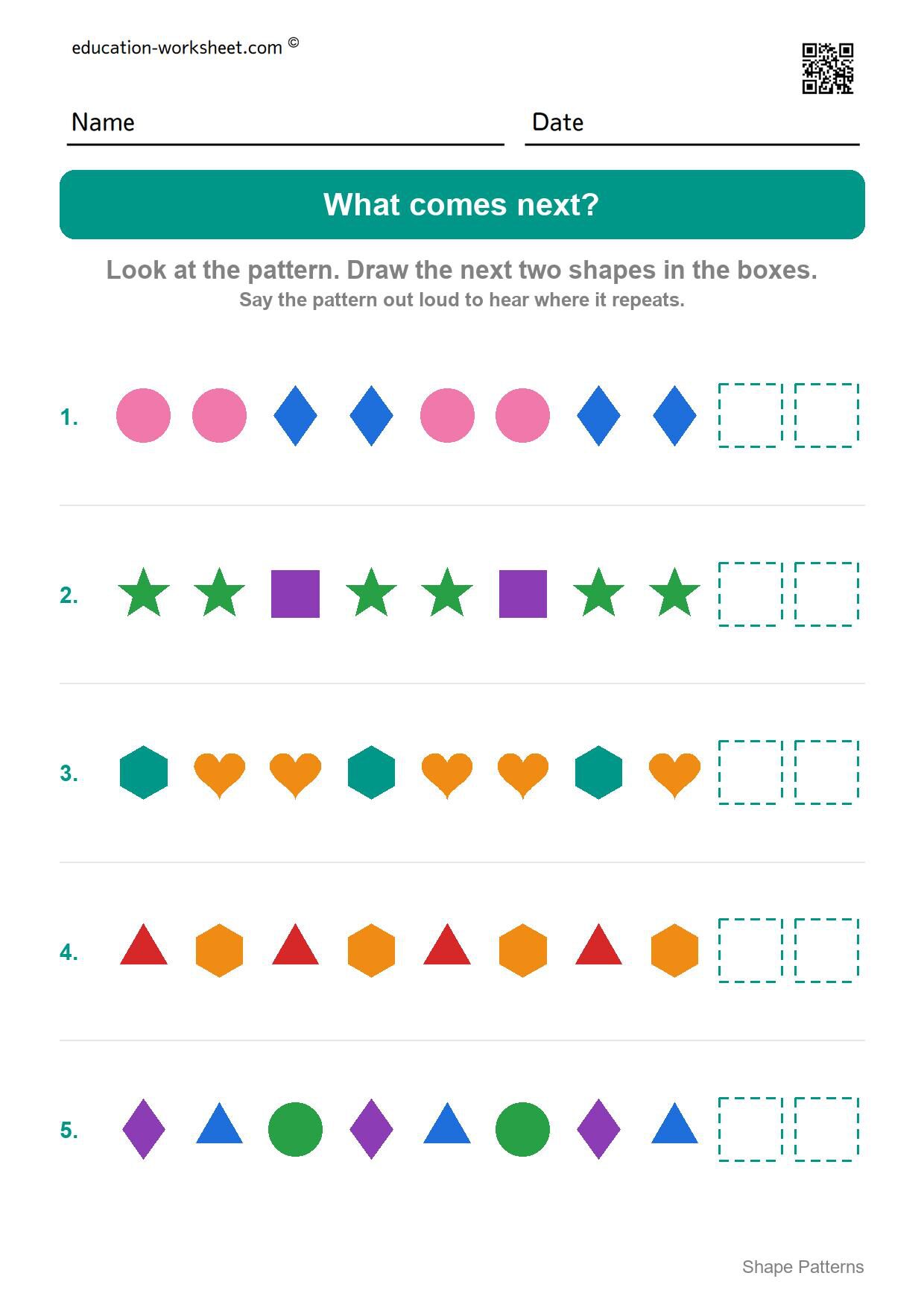 Draw what comes next (Set 1) - Free Shape Pattern Worksheets for Kindergarten - Draw AB, ABB and ABC Patterns
