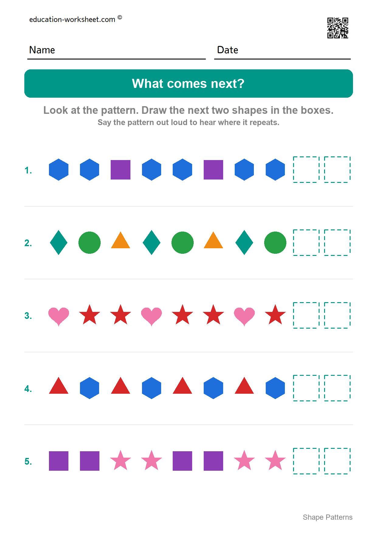 Draw what comes next (Set 10) - Free Shape Pattern Worksheets for Kindergarten - Draw AB, ABB and ABC Patterns