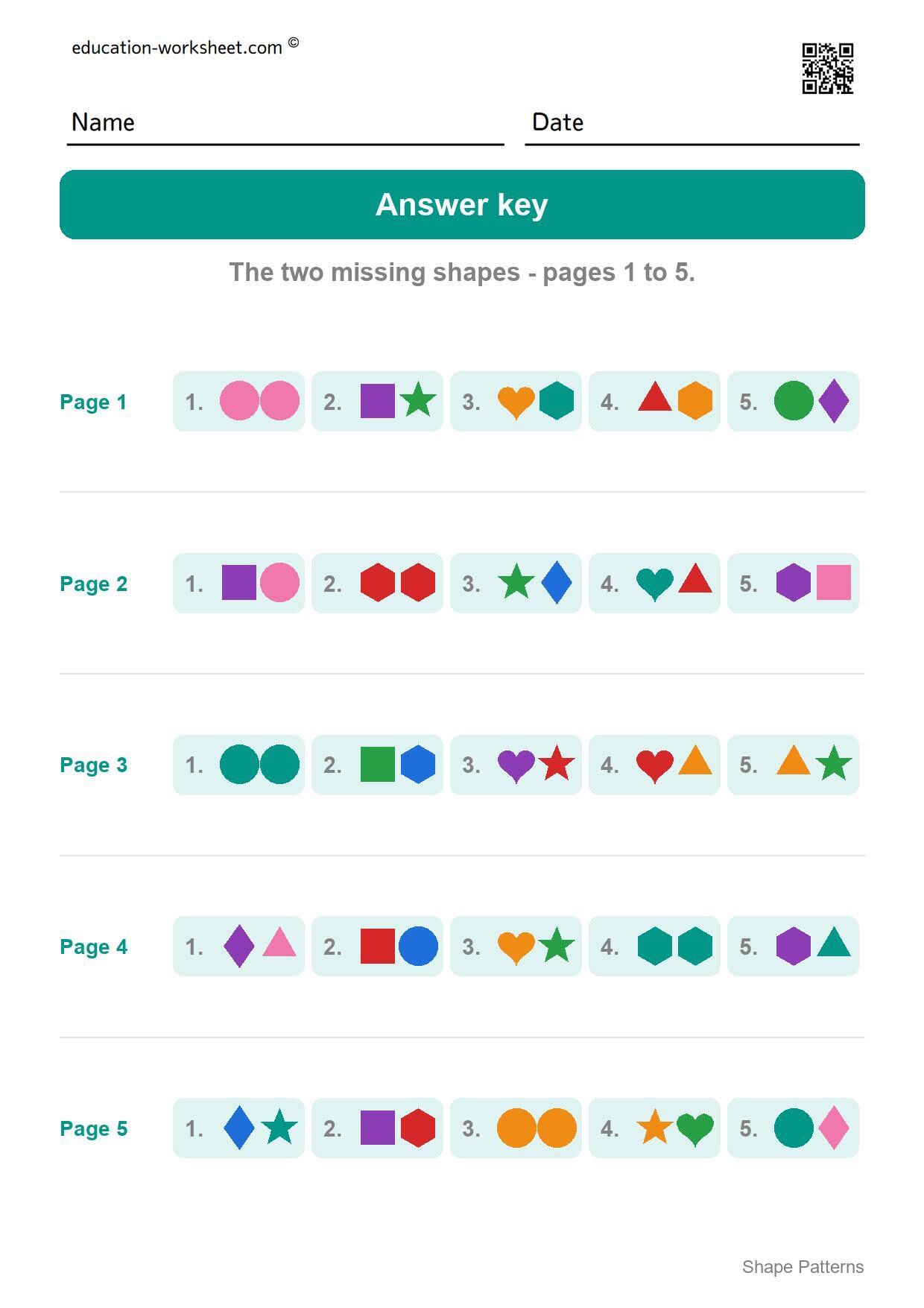 Answer key - pages 1 to 5 - Free Shape Pattern Worksheets for Kindergarten - Draw AB, ABB and ABC Patterns
