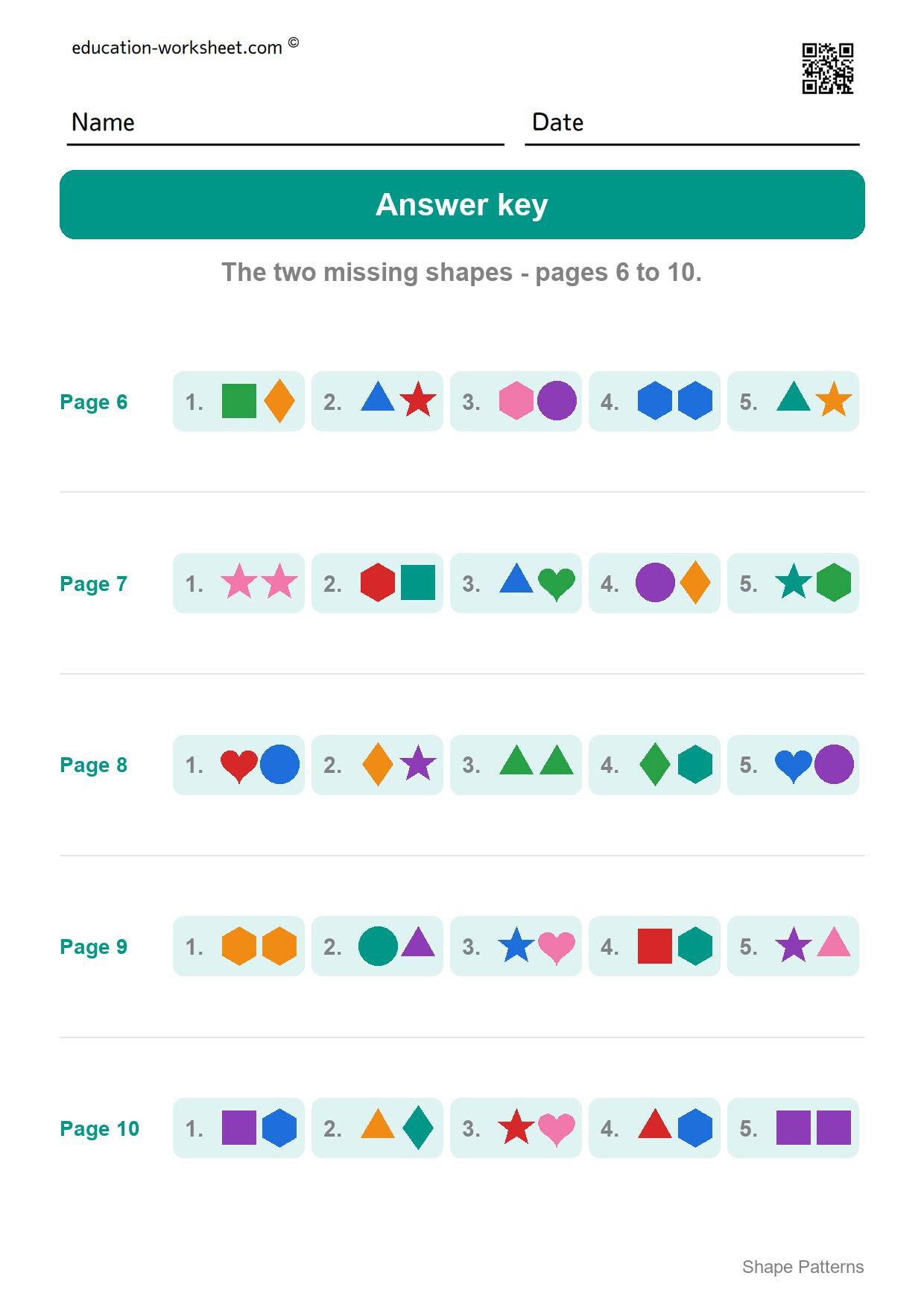 Answer key - pages 6 to 10 - Free Shape Pattern Worksheets for Kindergarten - Draw AB, ABB and ABC Patterns