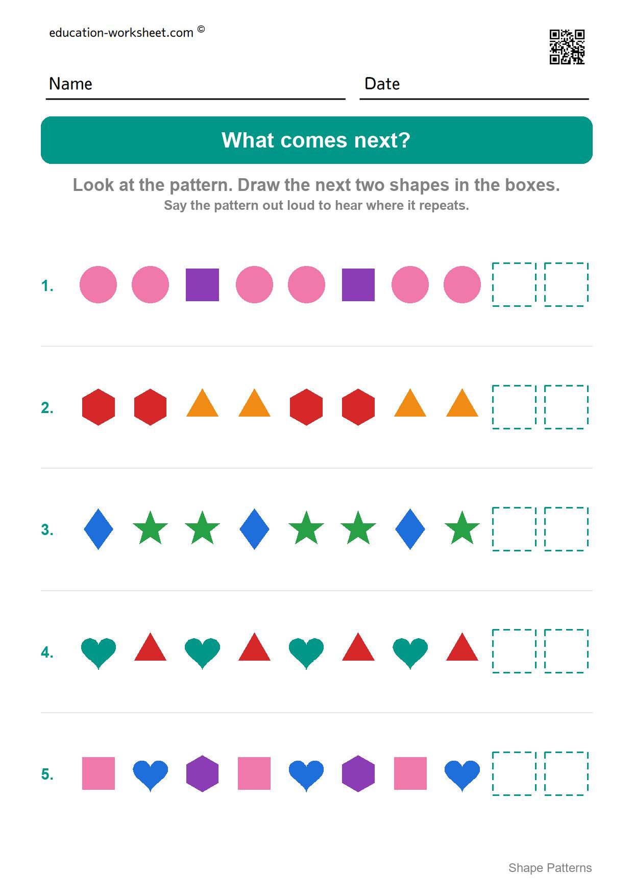 Draw what comes next (Set 2) - Free Shape Pattern Worksheets for Kindergarten - Draw AB, ABB and ABC Patterns