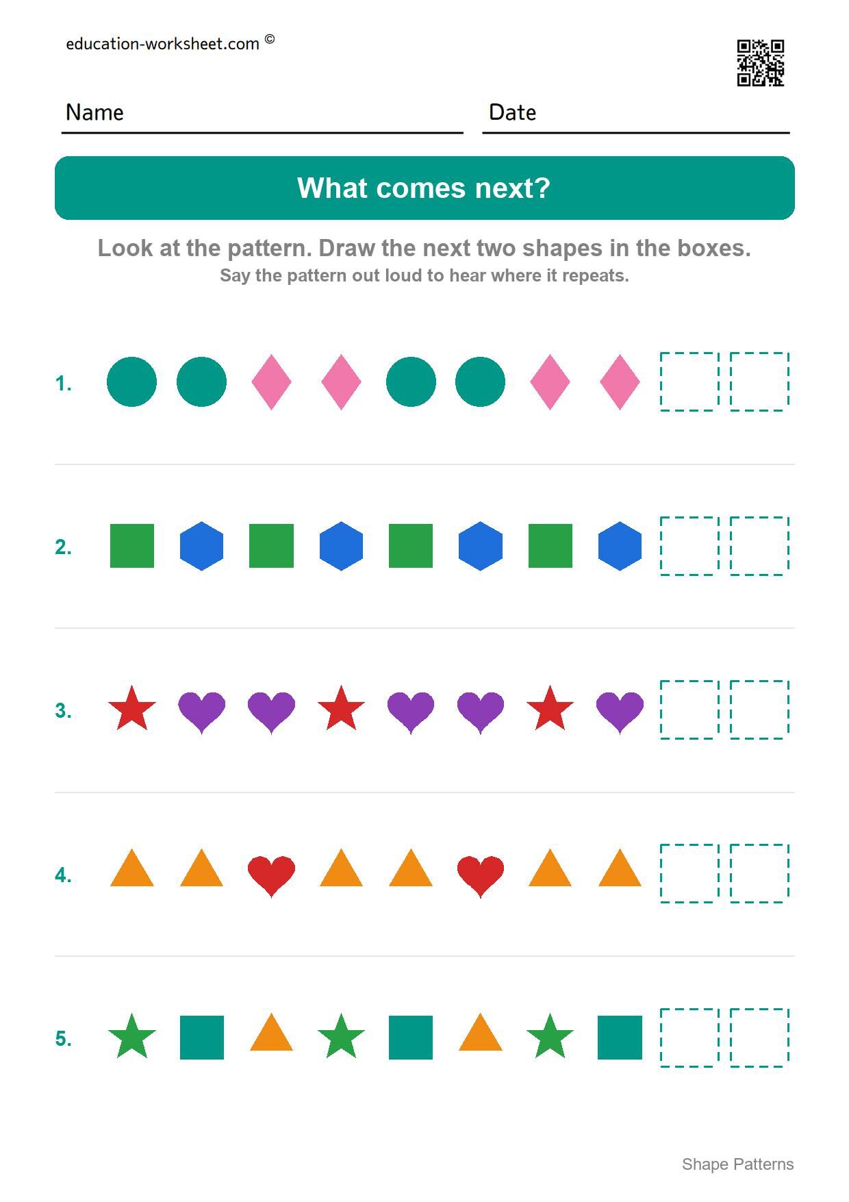 Draw what comes next (Set 3) - Free Shape Pattern Worksheets for Kindergarten - Draw AB, ABB and ABC Patterns