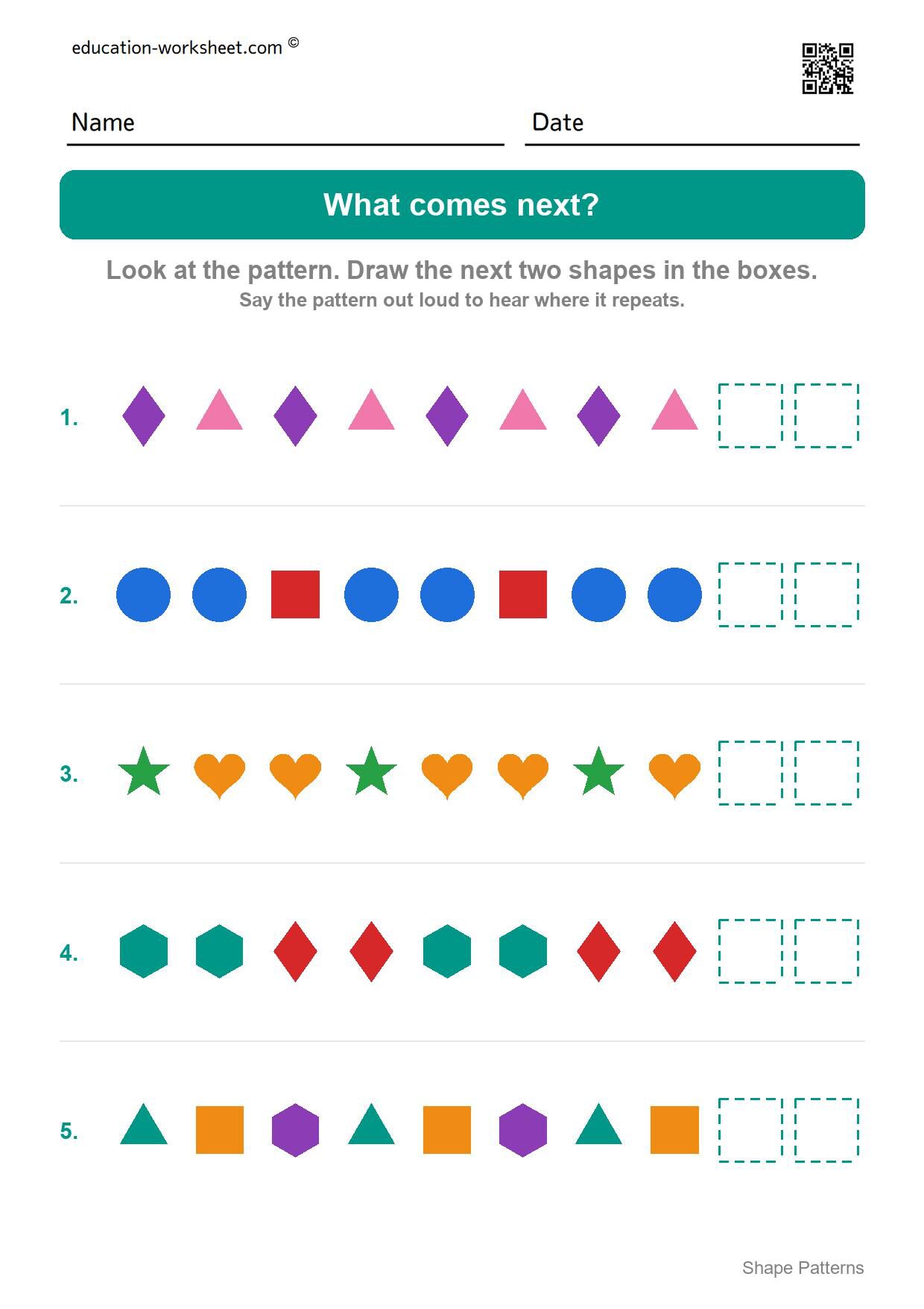 Draw what comes next (Set 4) - Free Shape Pattern Worksheets for Kindergarten - Draw AB, ABB and ABC Patterns