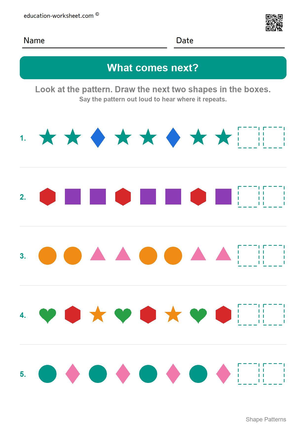 Draw what comes next (Set 5) - Free Shape Pattern Worksheets for Kindergarten - Draw AB, ABB and ABC Patterns