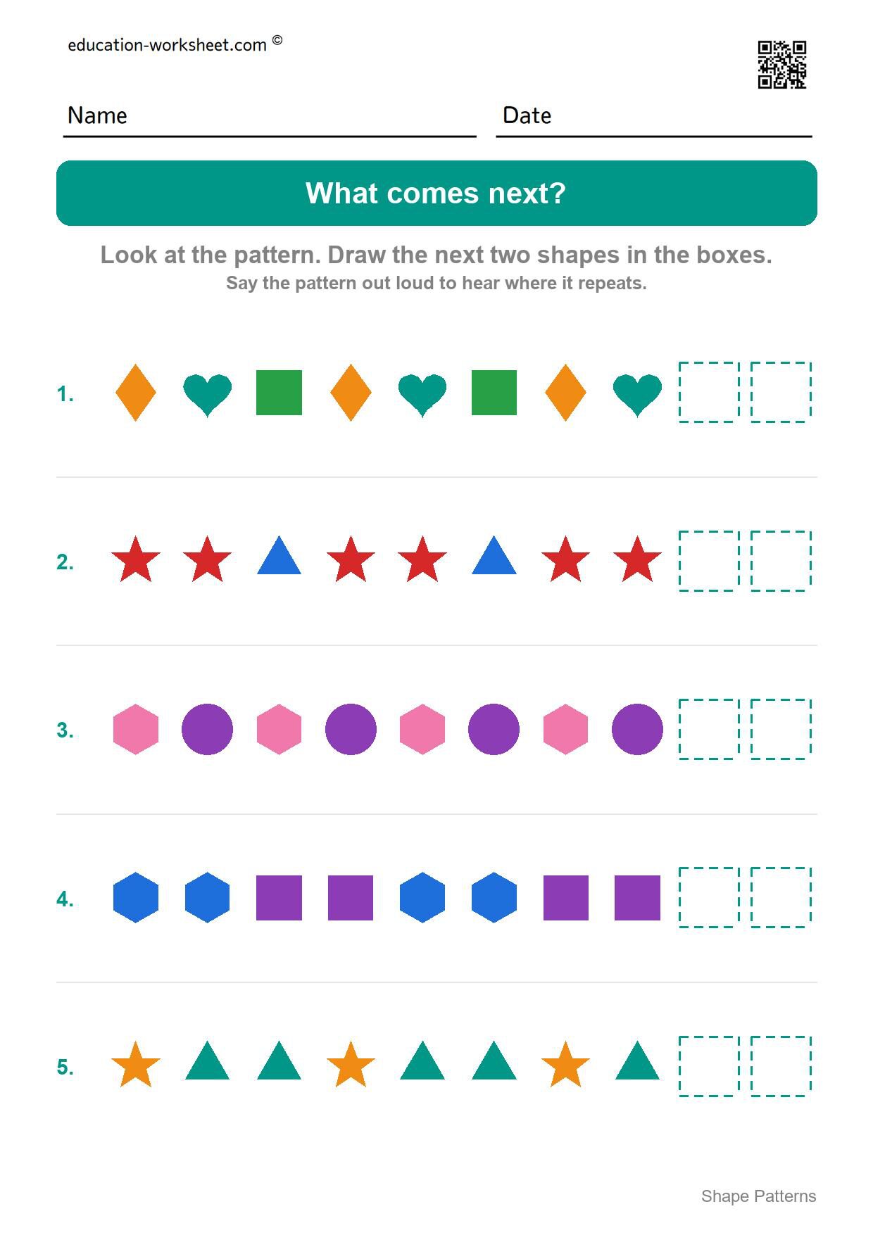 Draw what comes next (Set 6) - Free Shape Pattern Worksheets for Kindergarten - Draw AB, ABB and ABC Patterns