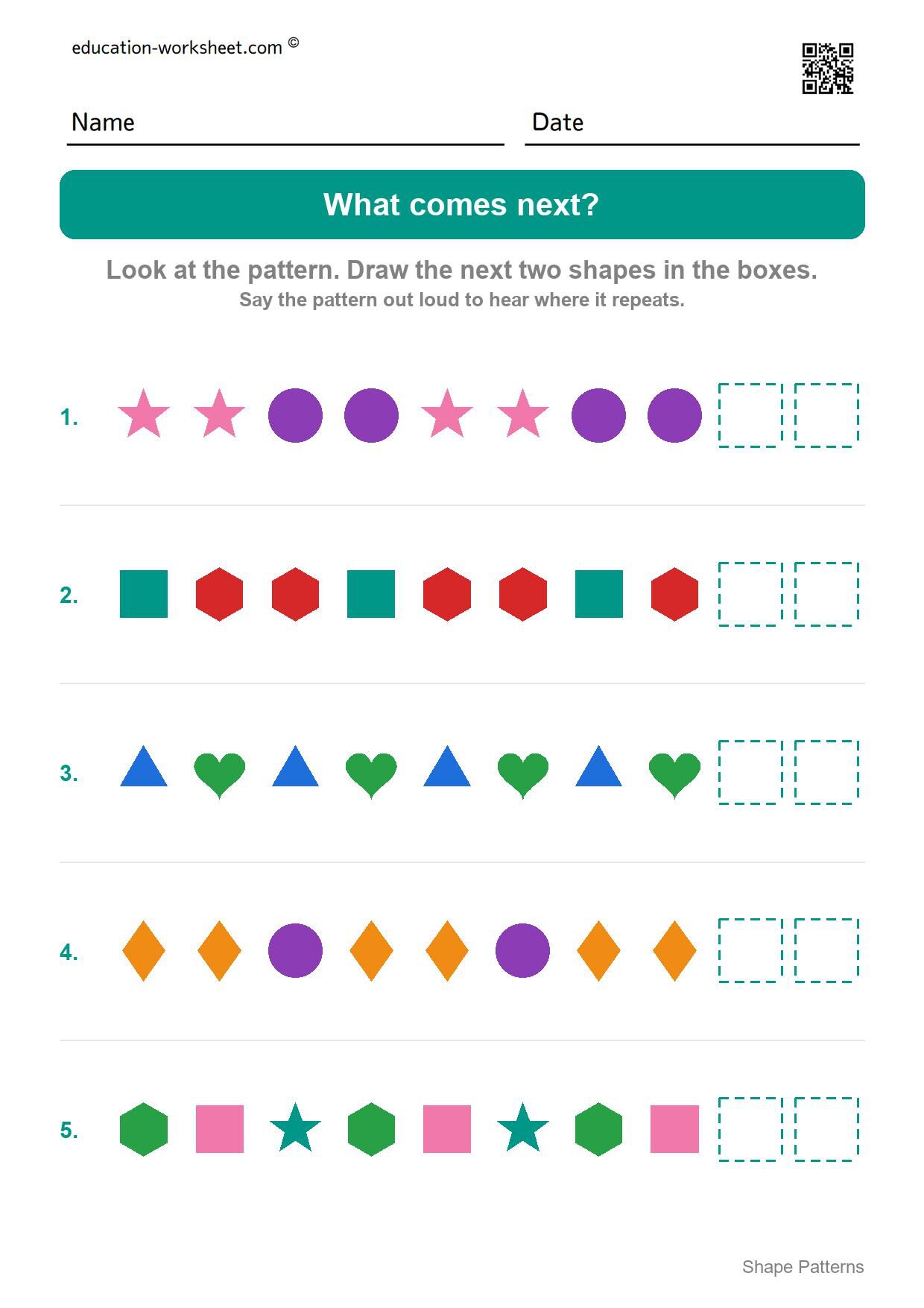 Draw what comes next (Set 7) - Free Shape Pattern Worksheets for Kindergarten - Draw AB, ABB and ABC Patterns