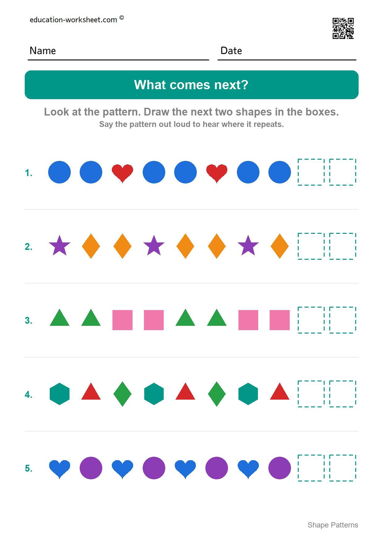 Draw what comes next (Set 8) - Free Shape Pattern Worksheets for Kindergarten - Draw AB, ABB and ABC Patterns